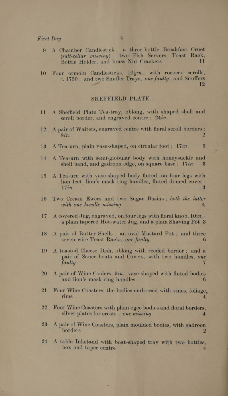 10 id 12 13 14 15 16 17 18 23 24 (salt-cellar missing); two Fish Servers, Toast Rack, Bottle Holder, and brass Nut Crackers 11 Four ormolu Candlesticks, 1047n., with rococco scrolls, c. 1750; and two Snuffer Trays, one faulty, and Snuffers ns 12 SHEFFIELD PLATE. A Sheffield Plate Tea-tray, oblong, with shaped shell and scroll border, and engraved centre ; 247n. A pair of Waiters, engraved centre with floral scroll borders ; Sin. 2 A Tea-urn, plain vase-shaped, on circular foot ; 177. 5 A Tea-urn with semi-globular body with honeysuckle and A Tea-urn with vase-shaped body fluted, on four legs with lion feet, lion’s mask ring handles, fluted domed cover ; L7on. 3 Two Cream Ewers and two Sugar Basins ; both the latter with one handle missing 4 A covered Jug, engraved, on four legs with floral knob, 100n. ; a plain tapered Hot-water Jug, and a plain Shaving Pot 3 A pair of Butter Shells; an oval Mustard Pot; and three seven-wire Toast Racks, one faulty . 6 A toasted Cheese Dish, oblong with reeded border; and a pair of Sauce-boats and Covers, with two handles, one faulty T and lion’s mask ring handles 6 Four Wine Coasters, the bodies embossed with vines, foliage, rims silver plates for crests ; one missing 4 borders A table Inkstand with boat-shaped tray with two bottles, box and taper centre | 4 NE