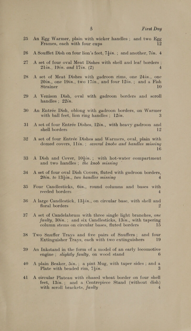 30 3] 32 33 34 35 36 37 38 39 40 41 5 First Day An Egg Warmer, plain with wicker handles ; and two Egg Frames, each with four cups 12 A Soufflet Dish on four lion’s feet, 740m. ; and another, Tin. 4 A set of four oval Meat Dishes with shell and leaf borders ; 2lin., 19in. and 1Tin. (2) 4 A set of Meat Dishes with gadroon rims, one 24in., one 20in., one 191n., two 17in., and four 127m. ; and a Fish Strainer 3 ; 10 A Venison Dish, oval with gadroon borders and _ scroll handles ; 222n. An Entree Dish, oblong with gadroon borders, on Warmer with ball feet, lion ring handles ; 122n. 3 A set of four Entrée Dishes, 12in., with heavy gadroon and shell borders 12 A set of four Entrée Dishes and Warmers, oval, plain with domed covers, llin.; several knobs and handles missing 16 A Dish and Cover, 1042n.;. with hot-water compartment and two handles ; the knob missing — A set of four oval Dish Covers, fluted with gadroon borders, 20in. to 1340n., two handles missing + Four Candlesticks, 67n., round columns and bases with reeded borders 4 A large Candlestick, 133in., on circular base, with shell and - floral borders 2 A set of Candelabrum with three single light branches, one faulty, 30in. ; and six Candlesticks, 13in., with tapering column stems on circular bases, fluted borders 15 Two Snuffer Trays and five pairs of Snuffers; and four Extinguisher Trays, each with two extinguishers 19 An Inkstand in the form of a model of an early locomotive engine ; slightly faulty, on wood stand 6 A plain Beaker, 5in.; a pint Mug, with taper sides ; and a Plate with beaded rim, 740n. 3 A eircular Plateau with chased wheat border on four shell feet, 13in.; and a Centrepiece Stand (without dish) with scroll brackets, faulty 4