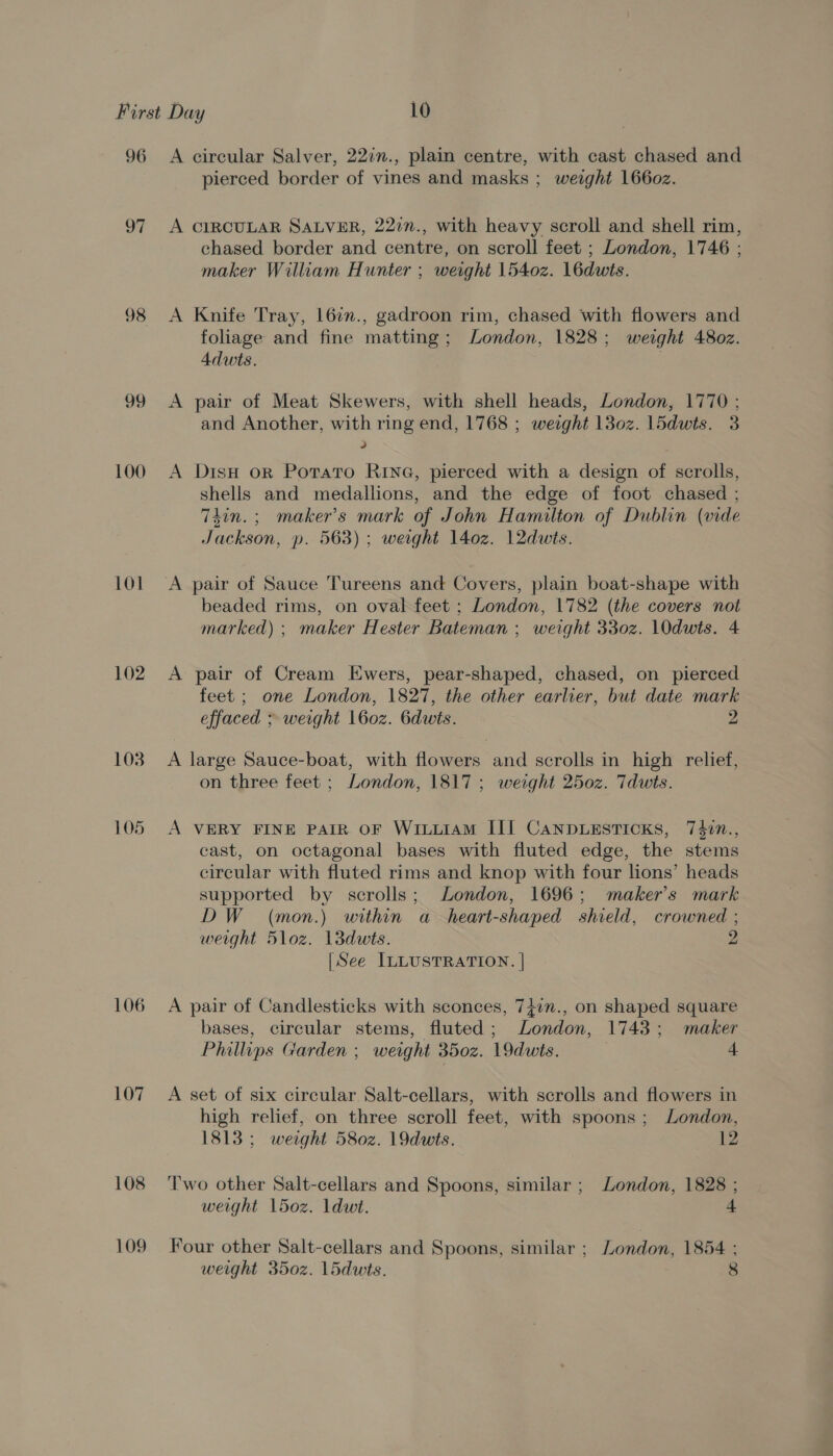 96 a7 98 99 100 101 102 108 105 106 107 108 109 A circular Salver, 22in., plain centre, with cast chased and pierced border of vines and masks ; weight 166o0z. A CIRCULAR SALVER, 227n., with heavy scroll and shell rim, chased border and centre, on scroll feet ; London, 1746 ; maker William Hunter ; weight 1540z. 16dwts. A Knife Tray, 16¢n., gadroon rim, chased with flowers and foliage and fine matting; London, 1828; weight 480z. Adwts. 3 A pair of Meat Skewers, with shell heads, London, 1770 ; and Another, with ring end, 1768 ; weight 130z. l5dwts. 3 A DtsH or Potato RING, pierced with a design of scrolls, shells and medallions, and the edge of foot chased ; T4in.; maker's mark of John Hamilton of Dublin (vide Jackson, p. 563); weight 14oz. 12dwts. A pair of Sauce Tureens and Covers, plain boat-shape with beaded rims, on oval feet ; London, 1782 (the covers not marked) ; maker Hester Bateman ; weight 330z. 10dwts. 4 A pair of Cream Ewers, pear-shaped, chased, on pierced feet ; one London, 1827, the other earlier, but date mark effaced ; weight 16oz. 6duts. 2 A large Sauce-boat, with flowers and scrolls in high relief, on three feet ; London, 1817; weight 250z. Tdwts. A VERY FINE PAIR OF WiuuiAm III CANDLESTICKS, 74in., cast, on octagonal bases with fluted edge, the stems circular with fluted rims and knop with four lions’ heads supported by scrolls; London, 1696; maker's mark DW _ (mon.) within a heart-shaped shield, crowned ; weight 5loz. 13duwts. 2 [See ILLUSTRATION. | A pair of Candlesticks with sconces, 747n., on shaped square bases, circular stems, fluted; London, 1743; maker Phillips Garden ; weight 350z. 19dwts. ? 2 A set of six circular Salt-cellars, with scrolls and flowers in high relief, on three scroll feet, with spoons ; London, 1813 ; weight 580z. 19dwts. 12 Two other Salt-cellars and Spoons, similar ; London, 1828 ; weight 15o0z. dwt. 4 Four other Salt-cellars and Spoons, similar ; London, 1854 ; weight 350z. 15dwts. 8