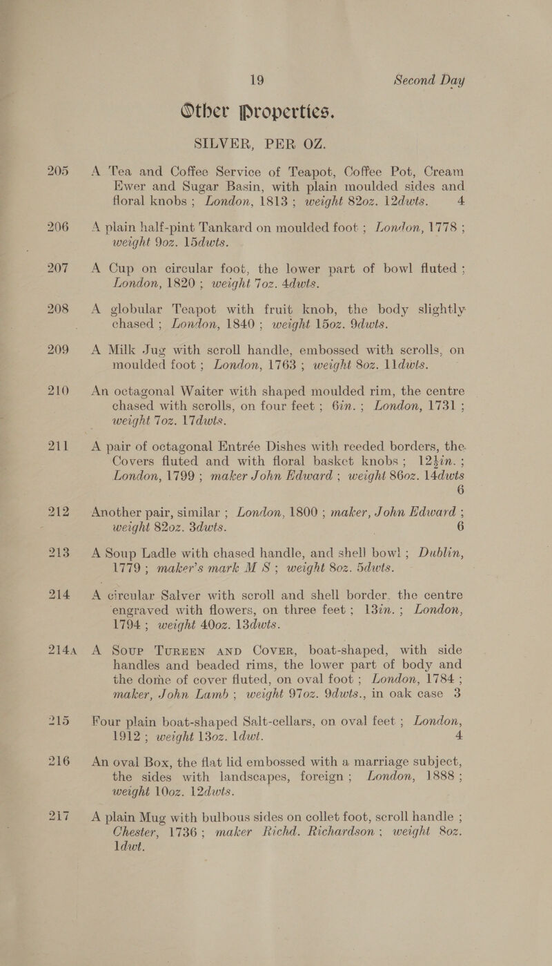 211 2144 iw posed Ot bo a si 19 Second Day Other Properties. SILVER, PER OZ. A Tea and Coffee Service of Teapot, Coffee Pot, Cream Ewer and Sugar Basin, with plain moulded sides and floral knobs ; London, 1813; weight 820z. 12dwts. 4 A plain half-pint Tankard on moulded foot ; London, 1778 ; weight 9oz. Lodwts. A Cup on circular foot, the lower part of bowl fluted ; London, 1820; weight Toz. 4dwts. A globular Teapot with fruit knob, the body slightly chased ; London, 1840; weight 150z. Idwts. A Milk Jug with scroll handle, embossed with scrolls, on moulded foot ; London, 1763 ; weight 80z. lldwis. An octagonal Waiter with shaped moulded rim, the centre chased with scrolls, on four feet; 62n.; London, 1731 ; weight Toz. 17dwis. Covers fluted and with floral basket knobs ; 12hin. : London, 1799 ; maker John Edward ; weight 8602. dis 6 Another pair, similar ; London, 1800 ; maker, John Edward ; weight 8202. Sdwts. 6 A Soup Ladle with chased handle, and shell bowl; Dublin, 1779 ; maker's mark M S ; weight 8o0z. 5dwts. A circular Salver with scroll and shell border. the centre engraved with flowers, on three feet; 13in.; London, 1794; weight 400z. 13dwits. A Sove TureEN AND Cover, boat-shaped, with side handles and beaded rims, the lower part of body and the dome of cover fluted, on oval foot ; London, 1784 ; maker, John Lamb; weight 970z. 9dwts., in oak case 3 Four plain boat-shaped Salt-cellars, on oval feet ; London, 1912 ; weight 130z. ldut. 4 An oval Box, the flat lid embossed with a marriage subject, the sides with landscapes, foreign; London, 1888 ; weight 10oz. 12dwts. A plain Mug with bulbous sides on collet foot, scroll handle ; Chester, 1736; maker Richd. Richardson ; weight 8oz. ldwt.