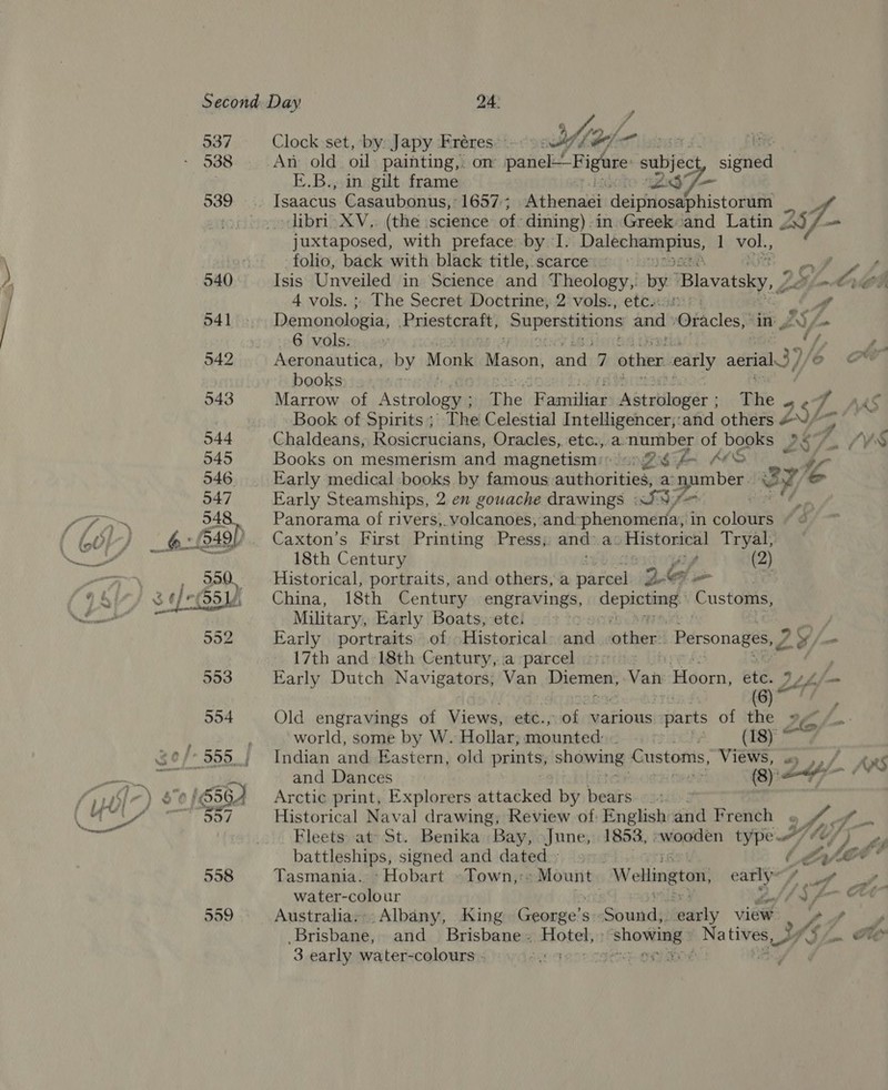 937 - 938 539 cad Ow F ¢. Clock set, by: Japy Fréres sd i An old. oil painting,. on WB esate C8 subject signed E.B., in gilt frame dote ay f— libri XV, (the science of: dining). in Greek and Latin juxtaposed, with preface by I. be eee 1 vol., folio, back with black title, scarce” - ; Isis Unveiled in Science and Theology, by. Blavatsky, 2 Le * Aled 4 vols. ;. The Secret Doctrine, 2 vols., etcsom ¢ Demonologia, Pnesteratt, ‘Superstitions and Otacles,” in JS 4 6 vols: » do Aeronautica, by Monk Mason, and) 7 other vearly aerial 3)/ 6 books . Marrow of Astrology ; The dena Astrologer ; The 4¢7 Ass Book of Spirits; The Celestial Intelligencer;:and others VN he Chaldeans, Rosicrucians, Oracles, etc., a number of books 2s/- Py, Books on mesmerism and magnetismi: 24 4 AS Early medical books by famous authorities, a re ae 3 we Early Steamships, 2 en gouache drawings «3% f Panorama of rivers,. volcanoes, and: pian pallor in colours “° Caxton’s First Printing Press; and: ac tistomcal Tryal, 18th Century lf (2) Historical, portraits, and others, a parcel 2S _ ic China, 18th Century engravings, dete sine Customs, Military, Early Boats, ete: | vo Early portraits of -Historical achishadkatlvers Personages, Le SS | 17th and 18th Century, a-parcel — &gt;: Dal Early Dutch Navigators, Van Diemen, Van Hidden ete. Lt4Al- Isaacus Casaubonus,° 1657:; Athenaéi deipnosaphistorum 25 La Old engravings of Views, eles; aD various “parts of the +i A world, some by W. Hollar, mounted: bh, (18) Indian and Eastern, old prints; showing seoniabeniarey VIEWS, «) , ARS and Dances (8 ZY Arctic print, Explorers attacked by bears: Historical Naval drawing, Review of English: and French ge Fleets at St. Benika Bay, June, 1853, “wooden type 7 “fy, yy battleships, signed and dated &gt; ( LAS? * Tasmania. - Hobart »Town,:- erga “Wellington, jin ip ses water-colour [dy po CF Australia, Albany, King George’ Ss: Sande Sashy view. a ae” Brisbane, and_ Brisbane. Hotel; ; Swupibic Na Nee Sh. Oe 3 early water-colours : sek PE