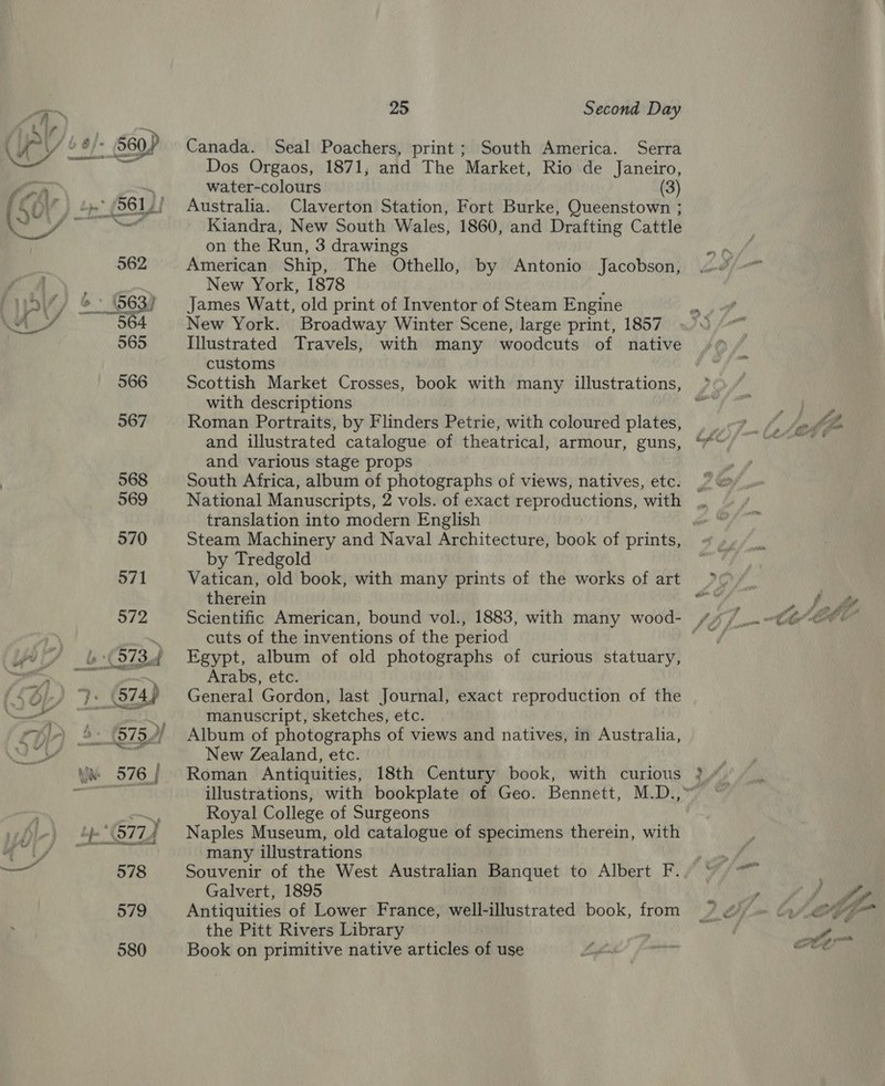 Canada. Seal Poachers, print; South America. Serra Dos Orgaos, 1871; and The Market, Rio de Janeiro, water-colours (3) Australia. Claverton Station, Fort Burke, Queenstown ; Kiandra, New South Wales, 1860, and Drafting Cattle on the Run, 3 drawings American Ship, The Othello, by Antonio Jacobson, New York, 1878 : , James Watt, old print of Inventor of Steam Engine New York. Broadway Winter Scene, large print, 1857 Illustrated Travels, with many woodcuts of native customs Scottish Market Crosses, book with many illustrations, with descriptions Roman Portraits, by Flinders Petrie, with coloured plates, and illustrated catalogue of theatrical, armour, guns, and various stage props South Africa, album of photographs of views, natives, etc. National Manuscripts, 2 vols. of exact reproductions, with translation into modern English by Tredgold Vatican, old book, with many prints of the works of art therein cuts of the inventions of the period Egypt, album of old photographs of curious statuary, Arabs, etc. General Gordon, last Journal, exact reproduction of the manuscript, sketches, etc. Album of photographs of views and natives, in Australia, New Zealand, etc. Roman Antiquities, 18th Century book, with curious Royal College of Surgeons Naples Museum, old catalogue of specimens therein, with many illustrations Souvenir of the West Australian Banquet to Albert F. Galvert, 1895 Antiquities of Lower France, well-illustrated book, from the Pitt Rivers Library Book on primitive native articles of use