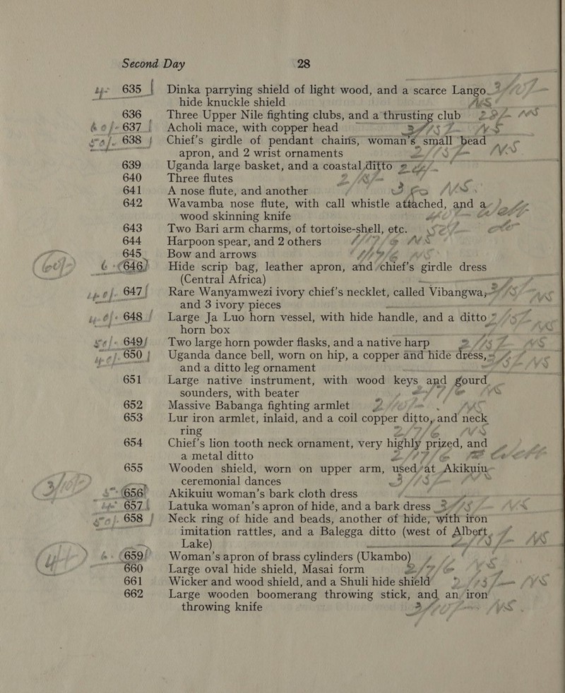 636 — 639 640 641 642 643 644 645 hide knuckle shield Acholi mace, with copper head apron, and 2 wrist ornaments Three flutes A nose flute, and another AS 3 y x G pair wood skinning knife Harpoon spear, and 2 others +) (Central Africa) &gt; Fa a and 3 ivory pieces horn box and a ditto leg ornament sounders, with beater Massive Babanga fighting armlet rin a metal ditto wii og tg S ceremonial dances Akikuiu woman’ s bark cloth dress q id Lake) Large oval hide shield, Masai form throwing knife Nextt the ‘y ¢ + ¥