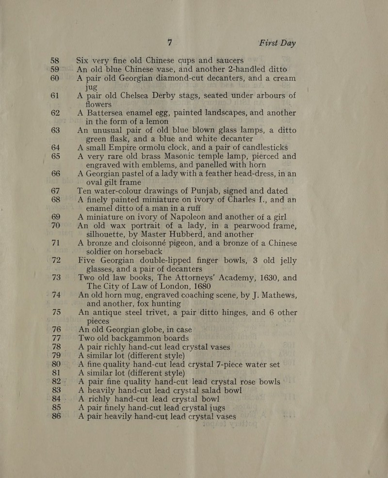 58 60 61 62 63 64 65 66 67 68 69 70 71 72 73 74 79 76 Vi, 79 81 83 85 7 First Day Six very fine old Chinese cups and saucers An old blue Chinese vase, and another 2-handled ditto A pair old Georgian diamond-cut decanters, and a cream jug A pair old Chelsea Derby stags, seated under arbours of flowers A Battersea enamel egg, painted landscapes, and anotter in the form of a lemon An unusual pair of old blue blown glass lamps, a ditto green flask, and a blue and white decanter A small Empire ormolu clock, and a pair of candlesticks A very rare old brass Masonic temple lamp, pierced and engraved with emblems, and panelled with horn A Georgian pastel of a lady with a feather head-dress, in an oval gilt frame Ten water-colour drawings of Punjab, signed and dated A finely painted miniature on ivory of Charles I., and an enamel ditto of a man in a ruff A miniature on ivory of Napoleon and another oi a girl An old wax portrait of a lady, in a pearwood frame, silhouette, by Master Hubberd, and another A bronze and cloisonné pigeon, and a bronze of a Chinese soldier on horseback Five Georgian double-lipped finger bowls, 3 old jelly glasses, and a pair of decanters The City of Law of London, 1680 An old horn mug, engraved coaching scene, by J. Mathews, and another, fox hunting An antique steel trivet, a pair ditto hinges, and 6 other pieces An old Georgian globe, in case Two old backgammon boards A pair richly hand-cut lead crystal vases A similar lot (different style) A fine quality hand-cut lead crystal 7-piece water set A similar lot (different style) A pair fine quality hand-cut lead crystal rose bowls — A heavily hand-cut lead crystal salad bowl A richly hand-cut lead crystal bowl A pair finely hand-cut lead crystal jugs A pair heavily hand-cut lead crystal vases