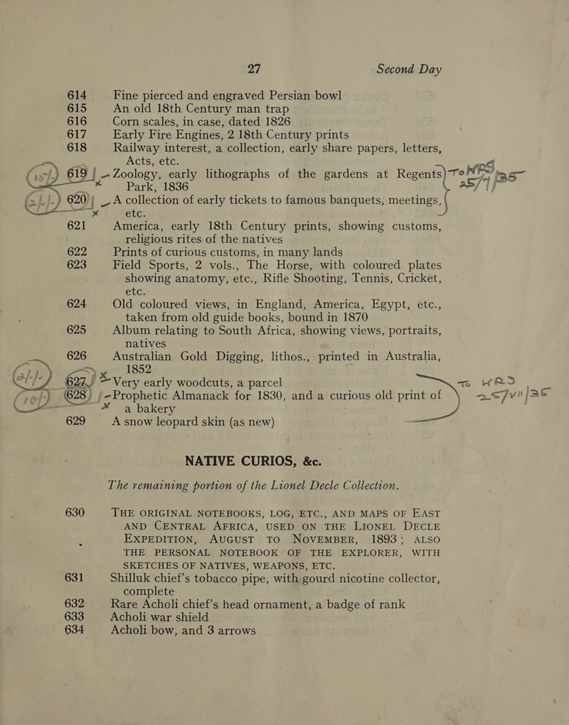 614 Fine pierced and engraved Persian bowl 615 An old 18th Century man trap 616 Corn scales, in case, dated 1826 617 Early Fire Engines, 2 18th Century prints 618 Railway interest, a collection, early share papers, letters, te vc Acts, etc. ( ,-)) 619 | — Zoology, early lithographs of the gardens at Regents) 5 WE RS i Bs~ SK * Park, 1836 28/7 (o/-J-) 920] LA collection of early tickets to famous banquets, meetings ’) etc. 621 America, early 18th Century prints, showing customs, religious rites of the natives 622 Prints of curious customs, in many lands 623 Field Sports, 2 vols., The Horse, with coloured plates showing anatomy, etc., Rifle Shooting, Tennis, Cricket, els 624 Old coloured views, in England, America, Egypt, etc., taken from old guide books, bound in 1870 625 Album relating to South Africa, showing views, portraits, natives : 626 Australian Gold Digging, lithos., printed in Australia, Peery pit 1852  U4 6224) ~Very early woodcuts, a parcel Te WARY (&gt;»)) (628) {-Prophetic Almanack for 1830, and a curious old print of 7 Vv (18 oe |avbakery a. 629 A snow leopard skin (as new) me NATIVE CURIOS, &amp;c. The remaining portion of the Lionel Decle Collection. 630 THE ORIGINAL NOTEBOOKS, LOG, ETC., AND MAPS OF EAST AND CENTRAL AFRICA, USED ON THE LIONEL DECLE EXPEDITION, AuGuUST TO NOVEMBER, 1893; ALSO THE PERSONAL NOTEBOOK OF THE EXPLORER, WITH SKETCHES OF NATIVES, WEAPONS, ETC. 631 Shilluk chief’s tobacco pipe, with gourd nicotine collector, complete 632 Rare Acholi chief's head ornament, a badge of rank 633 Acholi war shield 634 Acholi bow, and 3 arrows “— =&gt;