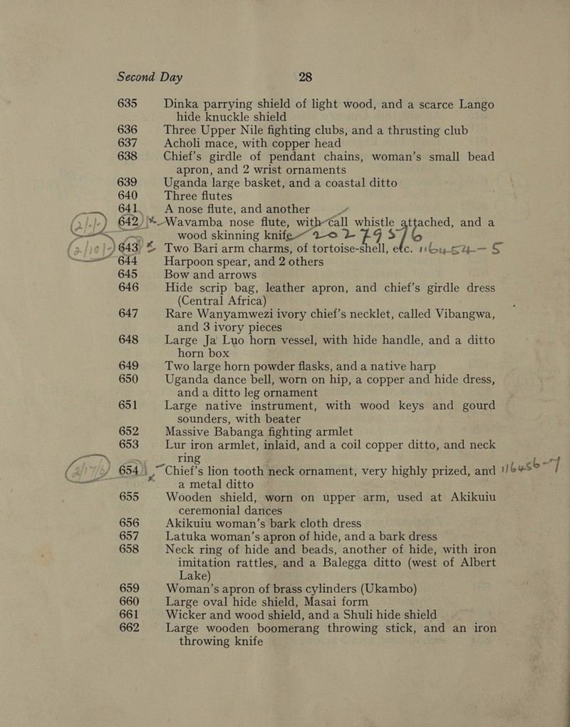 635 a Dinka parrying shield of light wood, and a scarce meta hide knuckle shield Three Upper Nile fighting clubs, and a thrusting club Acholi mace, with copper head Chief's girdle of pendant chains, woman’s small bead apron, and 2 wrist ornaments Uganda large basket, and a coastal ditto Three flutes A nose flute, and another f wood skinning knife“ 2-0 2- F4 s shell Harpoon spear, and 2 others Bow and arrows (Central Africa) Rare Wanyamwezi ivory chief’s necklet, called Vibangwa, and 3 ivory pieces Large Ja Luo horn vessel, with hide handle, and a ditto horn box Two large horn powder flasks, and a native harp Uganda dance bell, worn on hip, a copper and hide dress, and a ditto leg ornament Large native instrument, with wood keys and gourd sounders, with beater Massive Babanga fighting armlet Lur iron armlet, inlaid, and a coil copper ditto, and neck ring ~Chief’s lion tooth neck ornament, very highly prized, and a metal ditto Wooden shield, worn on upper arm, used at Akikuiu ceremonial dances Akikuiu woman’s bark cloth dress Latuka woman’s apron of hide, and a bark dress Neck ring of hide and beads, another of hide, with iron imitation rattles, and a Balegga ditto (west of Albert Lake) Woman’s apron of brass cylinders (Ukambo) Large oval hide shield, Masai form Wicker and wood shield, and a Shuli hide shield Large wooden boomerang throwing stick, and an iron throwing knife nous]