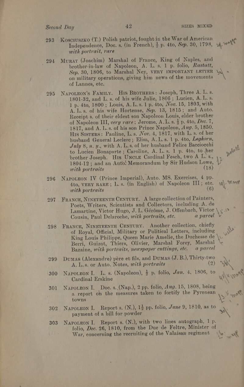 993 KosciuszKo (T.) Polish patriot, fought in the War of American Independence, Doe. s. (in French), 2 p. 4to, Sep. 30, 1798, with portrait, rare 994 Murat (Joachim) Marshal of France, King of Naples, and brother-in-law of Napoleon, A. L. s. 1 p. folio, Rastatt, Sep. 30, 1806, to Marshal Ney, VERY IMPORTANT LETTER on military operations, giving him news of the movements of Lannes, ete. 995 NaPpoLEoN’s Famity. His Brotrurrs: Joseph, Three A. L.s. 1801-32, and L.s. of his wife Julie, 1806 ; Lucien, A. L.s. 1 p. 4to, 1800 ; Louis, A. L.s. 1 p. 4to, Vov. 15, 1803, with A. L.s. of his wife Hortense, Sep. 13, 1815; and Auto. Receipt s. of their eldest son Napoleon Louis, elder brother of Napoleon III, very rare; Jerome, A.L.s. +p. 4to, Dec. 7, 1817, and A. L.s. of his son Prince Napoleon, Aug. 5, 1850. His Sisters: Pauline, L.s. Nov. 4, 1817, with L. s. of her husband General Leclerc; Elisa, A. L.s. 1 p. 4to, Leghorn, July 8, n. y., with A. L.s. of her husband Felice Bacciocchi to Lucien Bonaparte ; Caroline, A. L.s. 1 p. 4to, to her ‘brother Joseph. His Unoie Cardinal Fesch, two A L. s., 1804-12; and an Auto$ Memorandum by Sir Hudson Lowe, with portraits 418) 296 NAPOLEON IV (Prince Imperial), Auto. MS. Exercises, 4 pp. 4to, VERY RARE; L.s. (in English) of Napoleon III; ete. with portraits (6) 297 FRANCE, NINETEENTH CenTURY. A large collection of Painters, Poets, Writers, Scientists and Collectors, including A. de Cousin, Paul Delaroche, with portraits, etc. a parcel 998 France, NineTEENTH Century. Another collection, chiefly of Royal, Official, Military or Political Letters, including King Louis Philippe, Queen Marie Amelie, the Duchesse de Berri, Guizot, Thiers, Olivier, Marshal Forey, Marshal Bazaine, with portraits, newspaper cuttings, etc. a parcel 999 Dumas (Alexandre) pére et fils, and Dumas (J. B.), Thirty-two A. L.s. or Auto. Notes, with portraits (2) 300 Napotzon Tl. L. s. (Napoleon), 4 p. folio, Jan. 4, 1806, to Cardinal Erskine 301 Napo.Eon I. Doce. s..(Nap.), 2 pp. folio, Aug. 15, 1808, being a report on the measures taken to fortify the Pyrenean towns 302 Navroteon I. Reports. (N.), 13 pp. folio, June 9, 1810, as to payment of a bill for powder 303 Napotnon I. Report s. (N.), with two lines autograph, 1 p. a gant Ww « \ it \} . . \ a: nh ef ir Ae ¥ s%&amp; &amp; ‘ot »~ + .* 9 c y . \ ‘ ‘ \ mn oh ' YS, fe fh af Wah ich; a, War, concerning the recruiting of the Valaisan regiment