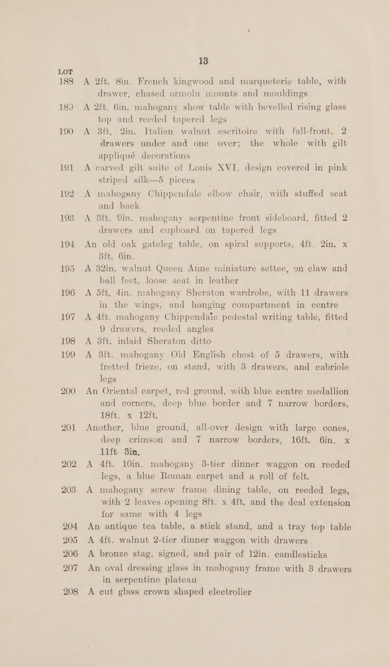 188 18) 190 200 13 A 2ft. 8in. French kingwood and marqueterie table, with drawer, chased ormolu mounts and mouldings A 2ft. 6in. mahogany show table with bevelled rising glass top and reeded tapered legs Aea3tt. 2m, talons walnnt Sescritoire. with <fallront, 2 drawers under and one over; the whole with gilt appliqué decorations A carved gilt suite of Louis XVI. design covered in pink striped silk—5 pieces ©  A mahogany Chippendale elbow chair, with stuffed seat and back A 8ft. 9m. mahogany serpentine front sideboard, fitted 2 drawers and cupboard on tapered legs An old oak gateleg table, on spiral supports, 4ft. Qin. x oft. 6in. A 82in. walnut Queen Anne miniature settee, on claw and ball feet, loose seat in leather A dft, 4in. mahogany Sheraton wardrobe, with 11 drawers in the wings, and hanging compartment in centre A 4ft. mahogany Chippendale pedestal writing table, fitted 9 drawers, reeded angles A 3ft. inlaid Sheraton ditto A 3ft. mahogany Old English chest of 5 drawers, with fretted frieze, on stand, with 8 drawers, and cabriole legs An Oriental carpet, red ground, with blue centre medallion and corners, deep blue border and 7 narrow borders, 18it. x Taft. Another, blue ground, all-over design with large cones, deep crimson and 7 narrow borders, 16ft. 6in. x lift 3in, A 4ft. 10in. mahogany 38-tier dinner waggon on reeded legs, a blue Roman carpet and a roll of felt. A mahogany screw frame dining table, on reeded legs, with 2 leaves opening 8ft. x 4ft. and the deal extension for same with 4 legs An antique tea table, a stick stand, and a tray top table A bronze stag, signed, and pair of 12in. candlesticks An oval dressing glass in mahogany frame with 8 drawers in serpentine plateau A cut glass crown shaped electrolier