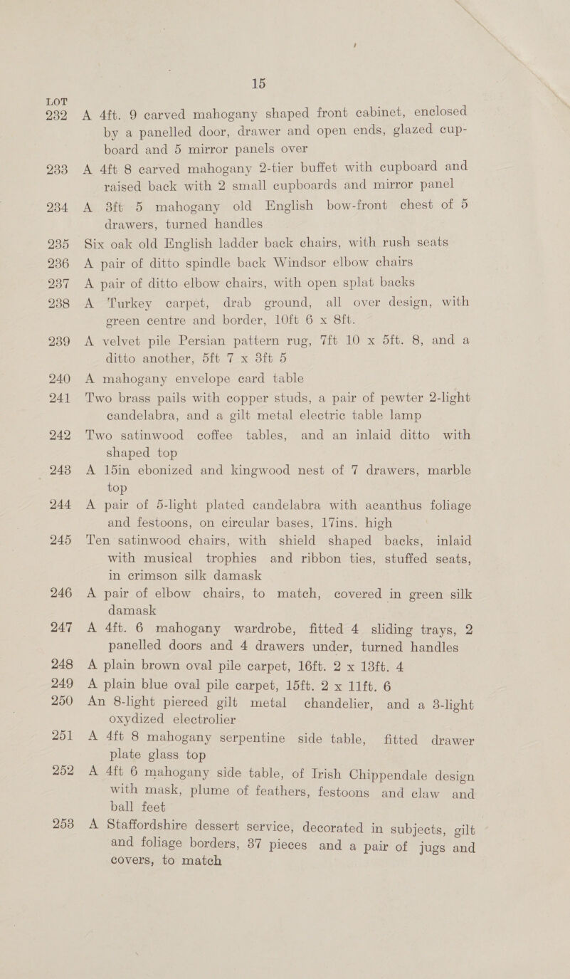 232 245 246 247 248 249 250 251 252 258 15 A 4ft. 9 carved mahogany shaped front cabinet, enclosed by a panelled door, drawer and open ends, glazed cup- board and 5 mirror panels over A 4ft 8 carved mahogany 2-tier buffet with cupboard and raised back with 2 small cupboards and mirror panel A 8ft 5 mahogany old English bow-front chest of 5 drawers, turned handles Six oak old English ladder back chairs, with rush seats A pair of ditto spindle back Windsor elbow chairs A pair of ditto elbow chairs, with open splat backs A Turkey carpét, drab ground, all over design, with green centre and border, 10ft 6 x 8ft. A velvet pile Persian pattern rug, 7ft 10 x 5ft. 8, and a ditto another, 5ft 7 x 3ft 5 A mahogany envelope card table Two brass pails with copper studs, a pair of pewter 2-light candelabra, and a gilt metal electric table lamp Two satinwood coffee tables, and an inlaid ditto with shaped top A 15in ebonized and kingwood nest of 7 drawers, marble top A pair of 5-lght plated candelabra with acanthus foliage and festoons, on circular bases, 17ins. high Ten satinwood chairs, with shield shaped backs, inlaid with musical trophies and ribbon ties, stuffed seats, in crimson silk damask A pair of elbow chairs, to match, covered in green silk damask A 4ft. 6 mahogany wardrobe, fitted 4 sliding trays, 2 panelled doors and 4 drawers under, turned handles A plain brown oval pile carpet, 16ft. 2 x 13ft. 4 A plain blue oval pile carpet, 15ft. 2 x 11ft. 6 An 8-light pierced gilt metal chandelier, and a d-light oxydized electrolier A 4ft 8 mahogany serpentine side table, fitted drawer plate glass top A 4ft 6 mahogany side table, of Irish Chippendale design with mask, plume of feathers, festoons and claw and ball feet A Staffordshire dessert service, decorated in subjects, gilt and foliage borders, 87 pieces and a pair of jugs and covers, to match