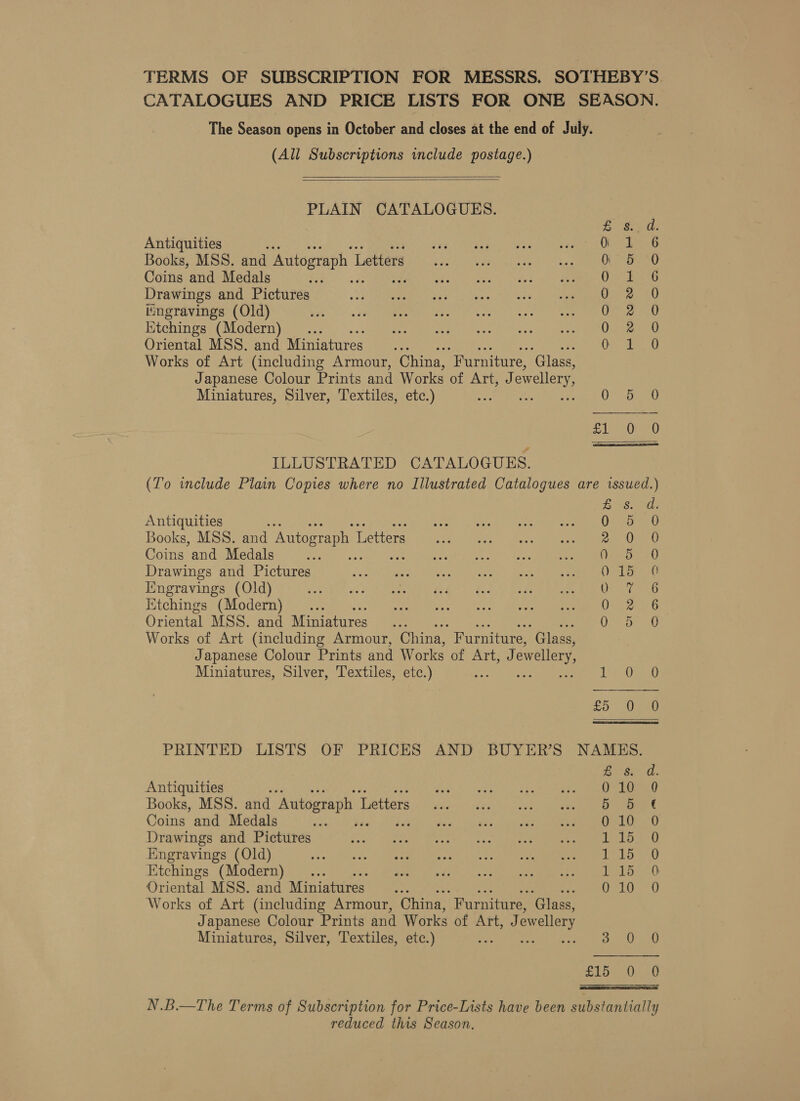 TERMS OF SUBSCRIPTION FOR MESSRS. SOTHEBY’S CATALOGUES AND PRICE LISTS FOR ONE SEASON. The Season opens in October and closes at the end of July. (All Subscriptions include postage.)   PLAIN CATALOGUES. £ s.. d. Antiquities iy it hoes Books, MSS. and Autograph L Letters 0 5 0 Coins and Medals : Gia beat Drawings and Pictures 0 2 0 tingravings (Old) 8 Gath Kitchings (Modern)... O-% 8 Oriental MSS. and Miniatures me Se 3 Works of Art (including Armour, China, “Furniture, ‘Glass, Japanese Colour Prints and Works of Art, J ewellery, Miniatures, Silver, Textiles, etc.) sh O° Sree PREEELDS 4  ILLUSTRATED CATALOGUES. (To include Plain Copies where no Illustrated Catalogues are issued.) E18. 30 Antiquities E Pye fh Pa a we AR te Books, MSS. and Autograph 1 Letters ss oe lo, ee Coins and Medals He PT RPM Sern E es ae N. Drawings and Pictures Oe Eo Engravings (Old) PP) ey Maree mee ye cad AP Ay, Hitchings (Modern) ... ee 2 esi; Coes even er Oriental MSS. and Miniatures ae at Works of Art (including Armour, China, Furniture, ‘Glass, Japanese Colour Prints and Works of Art, J ewellery, Miniatures, Silver, Textiles, etc.) Sea! Oe LT Oneal) £0 Ose PRINTED LISTS OF PRICES AND BUYER’S NAMHS. ed Antiquities ws UME ae A Books, MSS. and Autograph I Letters 5 ( Coins and Medals re Paneer tree ey A. 0 Drawings and Pictures ey ror Emenee eo LES OLN Engravings (Old) 1 0 Etchings (Modern) 1 0 Oriental MSS. and Miniatures 0 0 Works of Art (including Armour, China, “Furniture, ‘Glass, Japanese Colour Prints and Works of ATi, J ewellery Miniatures, Silver, Textiles, etc.) ie Si 0 £15 0 0  N.B.—The Terms of Subscription for Price-Lists have been substantially reduced this Season.