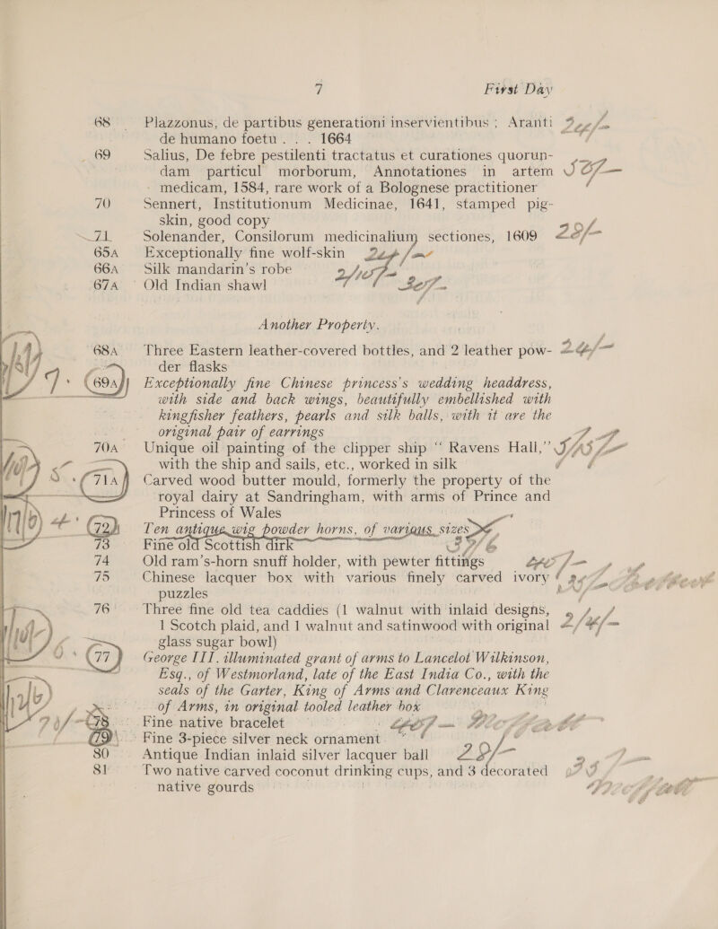 68 TB 74 75  7 Fivst Day Plazzonus, de partibus generationi inservientibus ; Aranti de humano foetu. . . 1664 © ; salius, De febre pestilenti tractatus et curationes quorup- dam particul morborum, Annotationes in artem JSOf— - medicam, 1584, rare work of a Bolognese practitioner , Sennert, Institutionum Medicinae, 1641, stamped pig- skin, good copy 50 Solenander, Consilorum in Dae, sectiones, 1609 &lt;&lt;/ sia, f ah i oP PT sw ais Cagt ff as f se  Exceptionally fine wolf-skin 24g /on7  Silk mandarin’s robe | , ~ Old Indian shawl afer Seip Another Property. Three Eastern leather-covered bottles, and 2 leather pow- 2.G/- re der flasks Exceptionally fine Chinese princess's wodaine headdress, with side and back wings, beautifully embellished with kingfisher feathers, pearls and silk balls, with 1t are the original parr of earrings A iw Unique oil painting of the clipper ship “ Ravens Hall,’ Ys fe with the ship and sails, etc., worked in silk | ¢ &amp; Carved wood butter mould, formerly the property of the royal dairy at Sandringham, with arms: aes Prince and Princess of Wales os Ten antiquawig powder horns, Of VATIAUS. SIZES DS , Fine old were ee a FOWL Old ram’s-horn snuff holder, with pewter ne oe oer /- oe di af Chinese lacquer box with various finely carved wor f ae puzzles Three fine old tea caddies 1 walnut with inlaid designs, 1 Scotch plaid, and 1 walnut and satinwood with original - glass sugar bowl) George IIT. illuminated grant of arms to Lancelot Ww ukinson, Esq., of Westmorland, late of the East India Co., with the seals of the Garter, King of Arms and Clarenceaux King of Arms, in original tooled leather box. } FA » Py fi Cw. 4 ef 4 f Bry :.Fine-native bracelet oo. CLEP am: hier fis LP Fine 3-piece silver neck ornament ~*~ : py é ne Indian inlaid silver lacquer ball 2 §/- 2