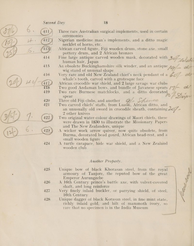  428 Three rare Australian surgical implements, used in certain ceremonies Nigerian medicine man’s implements, and a ditto magic necklet of horns, etc. African carved figure, Fiji wooden drum, stone axe, small pottery drum, and 2 African bronzes human hair, Japan An obsolete Buckinghamshire silk winder, and an antique 4. wig stand of unusual shape fi whale’s tooth, carved with a grotesque face African crocodile war shield, and 2 large savage war clubs Two rare Burmese matchlocks, and a ditto gecqralm, spear aa Three old Fiji clubs, and another GA/+ gf Two carved chiefs’ staffs, from Luzdén, Lge BLES, and an unusually old sword in crocodile sheath, containing 2 other knives Two original water-colour drawings of Maori chiefs, these were drawn in 1830 to illustrate the Missionary Papers and The New Zealanders, unique A wicker work arrow quiver, now quite obsolete, from Burma, decorated bead gourd, African head-rest, and a small wooden figure A turtle carapace, hide war shield, and a New Zealand wooden club Another Properiv. Unique bow of black Khorasan steel, from the royal armoury of Tanjore, the reputed bow of the great Emperor Aurungzebe A 16th Century prince's battle shaft, and long reinforce Very finely inlaid buckler, or 16th Century Unique dagger of black Korasan steel, in fine mint state, richly inlaid gold, and hilt of mammoth ivory, so rare that no specimen is in the India Museum axe, with velvet-covered parrying shield, of steel,   a  cer ots A Duper