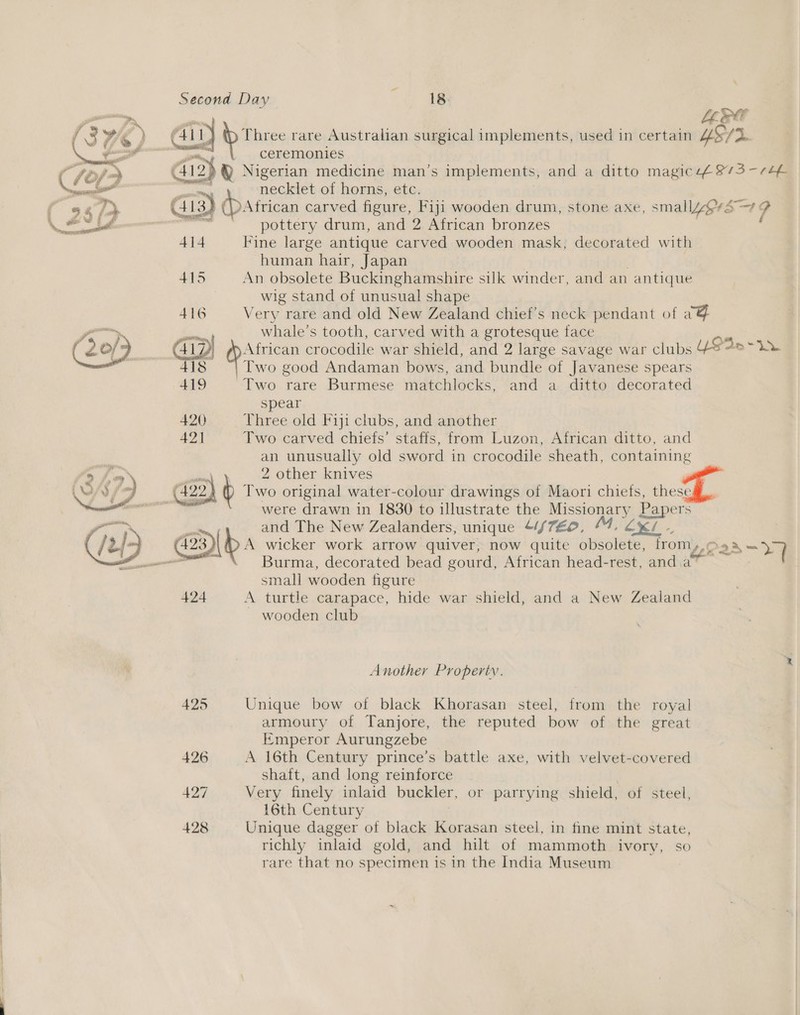 iT LLat ai) Three rare Australian surgical implements, used in certain Wks /D. ry ceremonies (412) Q Nigerian medicine man’s implements, and a ditto magic¢é 873 -¢4h pat oe: necklet of horns, etc. Gi3) (DAtrican carved figure, Fiji wooden drum, stone axe, smallZgrs~t 9 om™ “pottery drum, and 2 African bronzes  414 Fine large antique carved wooden mask, decorated with human hair, Japan | 415 An obsolete Buckinghamshire silk winder, and an antique wig stand of unusual shape 416 Very rare and old New Zealand chief’s neck pendant of a@ whale’s tooth, carved with a grotesque face 20/9 (1D) African crocodile war shield, and 2 large savage war clubs YS 2 3 418 “| Two good Andaman bows, and bundle of Javanese spears 419 Two rare Burmese matchlocks, and a ditto decorated spear 420 Three old Fiji clubs, and another 42] Two carved chiefs’ staffs, from Luzon, African ditto, and an unusually old sword in crocodile sheath, containing Ji) 2 other knives ) (422 Two original water-colour drawings of Maori chiefs, these ‘ were drawn in 1830 to illustrate the Missionary Papers and The New Zealanders, unique “f/72o, 4. &lt;i. A wicker work arrow quiver, now quite obsolete, from Ue 2a-¥q Burma, decorated bead gourd, African head-rest, and a” small wooden figure 424 A turtle carapace, hide war shield, and a New Zealand ~ wooden club  Another Propertw. 425 Unique bow of black Khorasan steel, from the royal armoury of Tanjore, the reputed bow of the great Emperor Aurungzebe 426 A 16th Century prince’s battle axe, with velvet-covered shaft, and long reinforce | 427 Very finely inlaid buckler, or parrying shield, of steel, 16th Century : 428 Unique dagger of black Korasan steel, in fine mint state, richly inlaid gold, and hilt of mammoth ivory, so rare that no specimen is in the India Museum