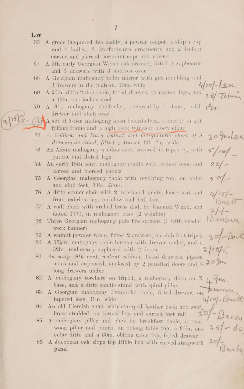 Lor : 66 A green lacquered tea caddy, a pewter teapot, a ship's cup and 4 ladles, 3 Staffordshire ornaments and 2 Indian carved and. pierced cocoanut cups and covers 67 <A 5dft. early Georgian Welsh oak dresser, fitted 2 cupboards and 6 drawers with 3 shelves over 68 A Georgian mahogany toilet mirror with gilt moulding and 3 drawers in the plateau, 16in. wide 4f10f- les 69 A 26in. ditto 2-flap table, fitted drawer, on canted legs, and 7 a 16in. oak locker Mine 23/ To 70 A 8sft. mahogany cheffonier, enclosed by 2 doors, with yn drawer and shelf over (TIRA set of 5-tier mahogany open bookshelves, a mirror in gilt foliage frame and a high back Windsor elbow chair : A William and Mary walnut and marqueterie chest of 5 4 orelor drawers on stand, fitted 1 drawer, 8ft. 2in. wide 73 An Adam mahogany window seat, covered in tapestry, with 47 /. sof paterce and fluted legs me 74 An early 18th cent. mahogany cradle with arched hood and 22f — carved and pierced panels 7d A Georgian mahogany table with revolving top, on pillar sof, — and club feet, 33in. diam. 76 A ditto corner chair with 2 interlaced splats, loose seat and  Few oo front cabriole leg, on claw and ball foot OPPs am 77 <A wall clock with arched brass dial, by Guorcre Wren, and 2 , dated 1770, in mahogany case (2 weights) - / J oe 78 Three Georgian mahogany pole fire screens (1 with needle- VO C44 (nt eg work banner) : 79 A walnut powder table, fitted 2 drawers, on club foot tripod 4 a Pptt 80 A 154in. mahogany table bureau with drawer under, and a we d52in, mahogany cupboard with 2 doors — 2 | Fe 81 An early 18th cent. walnut cabinet, fitted drawers, pigeon ‘ holes and cupboard, enclosed by 2 panelled doors and 8 2.0 fre long drawers under 82 A mahogany torchere on tripod, a mahogany ditto on X Yr. base, and a ditto candle stand with spiral pillar 83 A Georgian mahogany Pembroke table, fitted drawer, of ore tapered legs, 3lin. wide 4/19} is Atty {t 84 An old Flemish chair with stamped leather back and seat, brass studded, on turned lees and carved foot rail 30f- B | , iI eas : ties 85 A mahogany pillar and claw for breakfast table, a rose- wood pillar and plinth, an oblong table top, a 30in, cir- % sf - do cular ditto and a 380in. oblong table top, fitted drawer 86 A Jacobean oak slope top Bible box with carved strapwork A of. — panel ‘Vda
