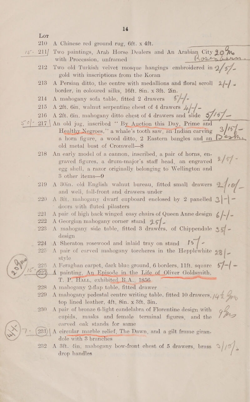 210 pare 14 A Chinese red ground rug, 6ft. x 4ft. with Procession, unframed __ tor  ant ra nn tt Sin See 218 214 Q15 216 IS) Noes bo bl Ww CW bo Re 228 229 gold with inscriptions from the Koran border, in coloured silks, 16ft. 8in. x 3ft. Qin. — A mahogany sofa table, fitted 2 drawers sh. A 2ft. 6in, walnut serpentine chest of 4 drawers | pe, ee A 2ft. Gin. mahogany ditto chest of 4 drawers and slide $ /6]— Dias lah OW LEE a old metal bust of Cromwell—8 An early model of a cannon, inscribed, a pair of horns, en- eraved figures, a drum-major’s staff head, an engraved egg shell, a razor originally belonging to Wellington and 3 other items—9 A 380in. old Enghsh walnut bureau, fitted small drawers and well, fall-front and drawers under A 8ft. mahogany dwarf cupboard enclosed by 2 panelled doors with fluted pilasters A pair of high back winged easy chairs of Queen Anne design A Georgian mahogany corner stand 7 47. A mahogany side table, fitted 8 drawérs, of Chippendale design rs A Sheraton rosewood and inlaid tray on stand [% / - A pair of carved mahogany torcheres in the Hepplewhite style | A Feraghan carpet, dark blue ground, 6 borders, 11ft. square A painting, An Jpis ode in the Life, of Oliver Goldsmith, T. P’ Hatt, exhibited R.A., 1856 sta A mahogany 2-flap table, fitted drawer A mahogany pedestal centre writing table, fitted 10 drawers, top lined leather, 4ft, 8in. x 3ft. 3in. A pair of bronze 6-light candelabra of Florentine design with cupids, masks and female terminal figures, and the  carved oak stands for same A cireular marble relief, The Dawn, and a gilt frame giran- dole with 8 branches. 7 A 8ft. 4in. mahogany bow-front chest of 5 drawers, brass drop handles BAN ED 2/67 -  pf, kes pep 2 xP es f oF YY € 2 / fiz