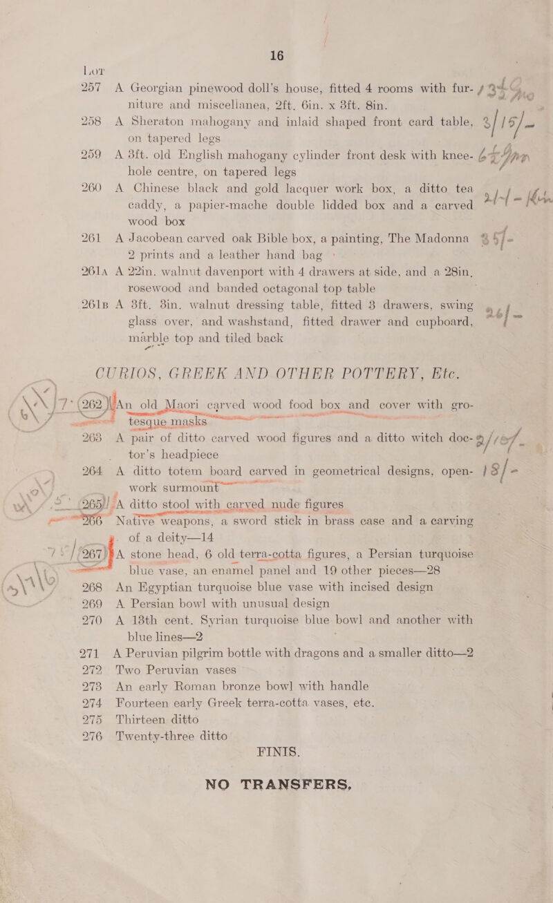 Low 257 A Georgian pinewood doll’s house, fitted 4 rooms with fur- 4 % ati niture and miscellanea, 2ft. 6in. x 8ft. Sin. 258 A Sheraton mahogany and inlaid shaped front card table, % on tapered legs 259 A 3ft. old English mahogany cylinder front desk with knee- 4 hole centre, on tapered legs 260 A Chinese black and gold lacquer work box, a ditto tea caddy, a papier-mache double lidded box and a carved wood box 261 A Jacobean carved oak Bible box, a painting, The Madonna Sree and a leather hand bag 2614 A 22in. walnut davenport with 4 drawers at side, and a 28in, Foasuited and banded octagonal top table 261B A 3ft. 3in. table, fitted 8 drawers, swing glass over, and washstand, fitted drawer and cupboard, marble top and tiled back walnut dressing CURIOS, GREEK AND OTHER POTTERY, Ete. Nw PAN hat Si, Bix Shenson aad aes Ae a aia tesque : masks. A pair of ditto carved wood figures and a ditto witch tor’s headpiece 264 <A ditto totem board carved in geometrical designs, open- NONE aise 263 work surmount 265 IEIN ditto stool wi with carved. nude figures Native weapons, a sword stick in brass case and a carving of a deity—14 A stone head, 6 old terra-cotta figures, a Persian turquoise -* blue vase, an enamel panel and 19 thee pieces—28 268 An Egyptian turquoise blue vase with incised design 269 <A. Persian bowl with unusual design 270 A 18th cent. Syrian turquoise blue hows and another with blue lines—2 271 A Peruvian pilgrim bottle with dragons and a smaller ditto—2 272. Two Peruvian vases 278 An early Roman bronze bow] with handle 274 Fourteen early Greek terra-cotta vases, etc. 275 Thirteen ditto 276 Twenty-three ditto FINIS. NO TRANSFERS, | ye cw, aD 2.f~ = him )8/-