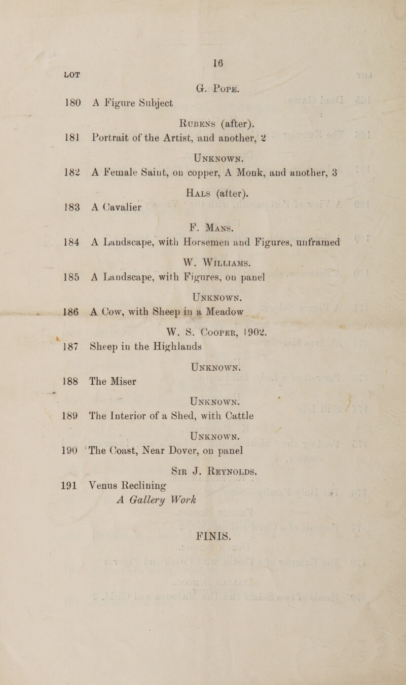 191 G. Popr. A Figure Subject RuBENS (after). Portrait of the Artist, and another, 2 | Unknown. A Female Saint, on copper, A Monk, and another, 3 | Hats (after). A Cavalier F. Mans. A Landscape, with Horsemen and Figures, unframed } W. WILLIAMS. A Landscape, with Figures, on panel UNKNown. A Cow, with Sheep in a Meadow __ W. 8S. Coopsr, |902. Sheep in the Highlands UNKNOWN. The Miser pi UNKNown. The Interior of a Shed, with Cattle UNKNOWN. ‘The Coast, Near Dover, on panel Sir J. REYNOLDS, Venus Reclining A Gallery Work FINIS.
