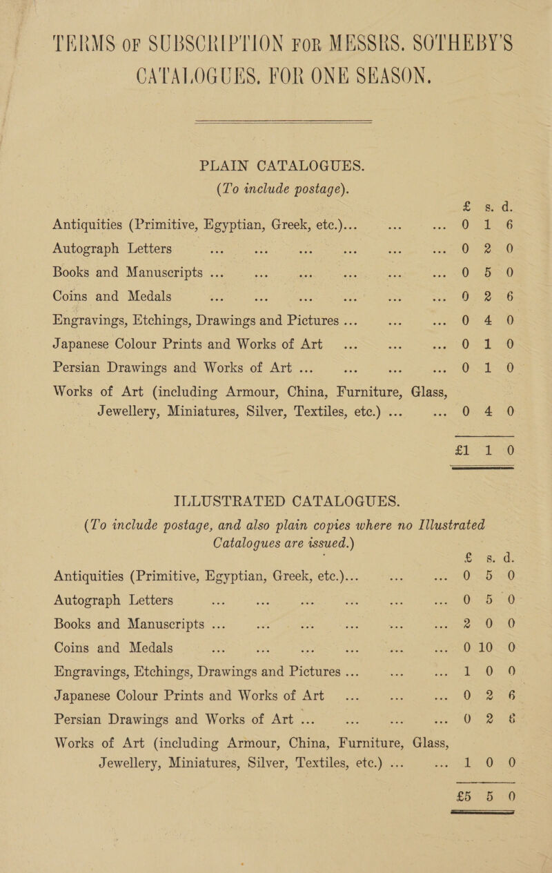 TERMS or SUBSCRIPTION For MESSRS. SOTHEBY'S CATALOGUES, FOR ONE SEASON,  PLAIN CATALOGUES. (To include postage). | | s. d. Antiquities (Primitive, Egyptian, Greek, etc.)... 5 1 : Autograph Letters , Ogee Books and Manuscripts ... 0 Ghee Coins and Medals i ne ee ae = 2 PSone Engravings, Etchings, Drawings and Pictures ... on oy 20 ae Japanese Colour Prints and Works of Art 1 4% Persian Drawings and Works of Art ... 18 Works of Art (including Armour, China, Furniture, Glass, _ Jewellery, Miniatures, Silver, Textiles, etc.) ... i UN 0 fli EG ILLUSTRATED CATALOGUES. (To include postage, and also plain copies where no Illustrated Catalogues are issued.) £.-s. d. Antiquities (Primitive, Egyptian, Greek, etc.)... 0-5. -0 Autograph Letters O50 Books and Manuscripts ... 2 OD Coins and Medals O08 Engravings, Etchings, Drawings and Pictures ... | ies Japanese Colour Prints and Works of Art 0.8 N6 Persian Drawings and Works of Art ke Ogee Works of Art (including Armour, China, Furniture, Glass, Jewellery, Miniatures, Silver, Textiles, etc.) ... gout te OO