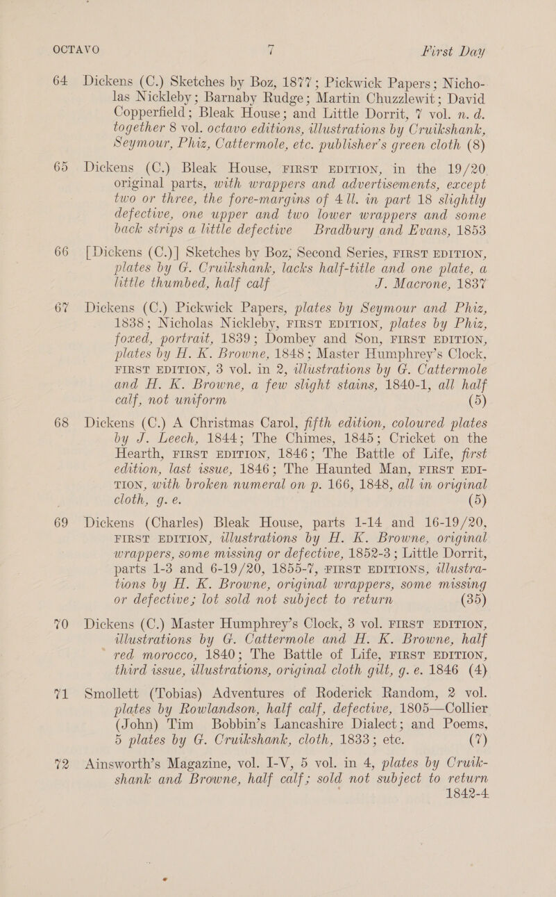 64 65 66 67 68 69 70 1 72 Dickens (C.) Sketches by Boz, 1877; Pickwick Papers; Nicho- las Nickleby ; Barnaby Rudge; Martin Chuzzlewit; David Copperfield; Bleak House; and Little Dorrit, 7 vol. n. d. together 8 vol. octavo editions, illustrations by Cruikshank, Seymour, Phiz, Cattermole, etc. publisher’s green cloth (8) Dickens (C.) Bleak House, FIRST EprTion, in the 19/20 original parts, with wrappers and advertisements, except two or three, the fore-margins of 41l. in part 18 slightly defectwe, one upper and two lower wrappers and some back strips a little defectwe Bradbury and Evans, 1853 [Dickens (C.)] Sketches by Boz; Second Series, FIRST EDITION, plates by G. Cruikshank, lacks half-title and one plate, a little thumbed, half calf J. Macrone, 183% Dickens (C.) Pickwick Papers, plates by Seymour and Phiz, 1838; Nicholas Nickleby, First EDITION, plates by Phiz, foxed, portrait, 1839; Dombey and Son, FIRST EDITION, plates by H. K. Browne, 1848; Master Humphrey’s Clock, FIRST EDITION, 3 vol. in 2, wlustrations by G. Cattermole and H. K. Browne, a few slight stains, 1840-1, all half calf, not uniform (5) Dickens (C.) A Christmas Carol, fifth edition, coloured plates by J. Leech, 1844; The Chimes, 1845; Cricket on the Hearth, FIRST EDITION, 1846; The Battle of Life, first edition, last issue, 1846; The Haunted Man, Frrst EDI- TION, with broken numeral on p. 166, 1848, all im original éloth, g. e. (5) Dickens (Charles) Bleak House, parts 1-14 and 16-19/20, FIRST EDITION, tlustrations by H. K. Browne, original wrappers, some missing or defectwe, 1852-3 ; Little Dorrit, parts 1-3 and 6-19/20, 1855-7, FIRST EDITIONS, tlustra- tions by H. K. Browne, original wrappers, some missing or defectwe,; lot sold not subject to return (35) Dickens (C.) Master Humphrey’s Clock, 3 vol. FIRST EDITION, illustrations by G. Cattermole and H. K. Browne, half red morocco, 1840; The Battle of Life, FIRST EDITION, third issue, wlustrations, orrginal cloth gilt, g. e. 1846 (4) Smollett (Tobias) Adventures of Roderick Random, 2 vol. plates by Rowlandson, half calf, defective, 1805—Collier (John) Tim Bobbin’s Lancashire Dialect; and Poems, 5 plates by G. Cruikshank, cloth, 1833; ete. (7) Ainsworth’s Magazine, vol. I-V, 5 vol. in 4, plates by Crutk- shank and Browne, half calf; sold not subject to return 1842-4.