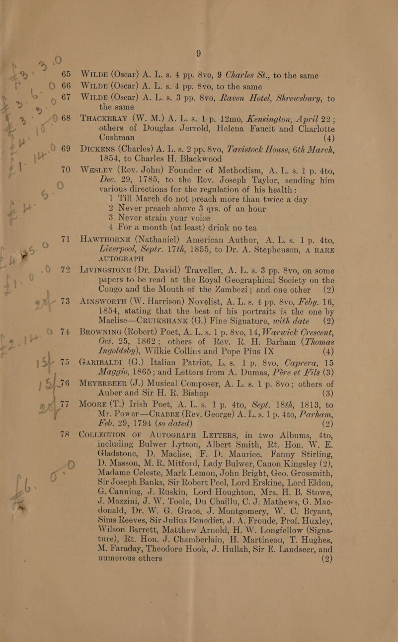 71 74 p Wipe (Oscar) A. L. s. 4 pp. 8vo, 9 Charles St., to the same WILDE (Oscar) A. L. s. 4 pp. 8vo, to the same WILpE (Oscar) A. L. s. 3 pp. 8vo, Raven Hotel, Shrewsbury, to the same THACKERAY (W. M.) A. L. s. 1 p. 12mo, Kensington, April 22; others of Douglas Jerrold, Helena Faucit and Charlotte Cushman (4) DicKEns (Charles) A. L. s. 2 pp. 8vo, Tavistock House, 6th March, 1854, to Charles H. Blackwood WESLEY (Rev. John) Founder of Methodism, A. L. s. 1 p. 4to, Dec. 29, 1785, to the Rev. Joseph Taylor, sending him various directions for the regulation of his health: 1 Till March do not preach more than twice a day 2 Never preach above 3 qrs. of an hour 3 Never strain your voice 4 For a month (at least) drink no tea HAWTHORNE (Nathaniel) American Author, A. L.s. 1 p. 4to, Liverpool, Septr. 17th, 1855, to Dr. A. Stephenson, A RARE AUTOGRAPH LIVINGSTONE (Dr. David) Traveller, A. L. s. 3 pp. 8vo, on some papers to be read at the Royal Geographical Society on the ~ Congo and the Mouth of the Zambezi; and one other (2) ArnswortH (W. Harrison) Novelist, A. L. s. 4 pp. 8vo, Feby. 16, 1854, stating that the best. of his portraits is the one by Maclise—CruIKSHANK (G.) Fine Signature, with date (2) BRowNING (Robert) Poet, A. L. s. 1 p. 8vo, 14, Warwick Crescent, Oct. 25, 1862; others of Rev. R. H. Barham (Thomas Ingoldsby), Wilkie Collins and Pope Pius IX (4) GarIBALDI (G.) Italian Patriot, L.s. 1 p. 8vo, Caprera, 15 Maggio, 1865; and Letters from A. Dumas, Pere et Fils (3) MEYERBEER (J.) Musical Composer, A. L. s. 1 p. 8vo; others of Auber and Sir H. R. Bishop (3) Moors (T.) Irish Poet, A. L. s. 1 p. 4to, Sept. 18th, 1813, to Mr. Power—CrabpE (Rey. George) A. L.s. 1 p. 4to, Parham, Feb. 29, 1794 (so dated) (2) including Bulwer Lytton, Albert Smith, Rt. Hon. W. E. Gladstone, D. Maclise, F. ID. Maurice, Fanny Stirling, D. Masson, M. R. Mitford, Lady Bulwer, Canon Kingsley (2), Madame Celeste, Mark Lemon, John Bright, Geo. Grossmith, Sir Joseph Banks, Sir Robert Peel, Lord Erskine, Lord Eldon, G. Canning, J. Ruskin, Lord Houghton, Mrs. H. B. Stowe, J. Mazzini, J. W. Toole, Du Chaillu, C. J. Mathews, G. Mac- donald, Dr. W. G. Grace, J. Montgomery, W. C. Bryant, Sims Reeves, Sir Julius Benedict, J. A. Froude, Prof. Huxley, Wilson Barrett, Matthew Arnold, H. W. Longfellow (Signa- ture), Rt. Hon. J. Chamberlain, H. Martineau, T. Hughes, M. Faraday, Theodore Hook, J. Hullah, Sir E. Landseer, and