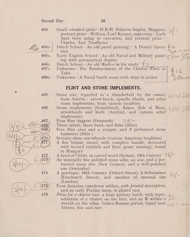 Small coloured print—H.R.H. Princess Sophia, Hoppner, 4 portrait print— William, Lord Keeper, engraving—Lady Jane Grey going to execution, and portrait print— Charles, Aux Thuilleries tion Early English School—An old Naval and Military paint- ¢ ing with aeronautical display ; Dutch School—An old Medico in his study 72 Unknown—The Bombardment of the Chinése Fleet at| Taku | Unknown—A Naval battle scene with ships in action | FLINT AND STONE IMPLEMENTS. Stone axe, regarded as a thunderbolt by the owner, 9 from Antrim ; arrow-heads, spindle whorls, and other — stone implements, from various localities Stone implements (Somaliland), flakes, (Isle of Man), © arrowheads and knife (Antrim), and various other | implements ; Four flint daggers (Denmark) 48/H— Three others, lance head, and flake (ditto) Five flint axes and a scraper, and 2 perforated stone hammers (ditto ) Seventy-three arrowheads (various American localities) A fine bronze sword, with complete handle, decorated with incised symbols and lines (point missing),: found in Hungary OS, A head of Christ, in carved wood (Syrian), 13th Century !0 / - An unusually fine polished stone adze, an axe, anda per- ~ forated stone disc (New Guinea), and a well-polished axe (Australia) A porringer, 16th Century (Oxford Street), 2 bellarmines (Fenchurch Street), and another of unusual size (London) Four Assyrian cuneiform tablets, with printed description, and an early Persian lamp, in glazed case Prize for a chariot race, a large pottery bottle with repre- 4 Athens, fine and rare