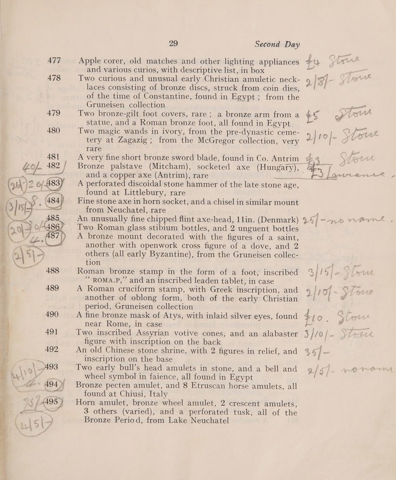 age eee Van ee = The he He os £ * 477 478 29 Second Day Apple corer, old matches and other lighting appliances and various curios, with descriptive list, in box Two curious and unusual early Christian amuletic neck- laces consisting of bronze discs, struck from coin dies, of the time of Constantine, found in Egypt; from the Gruneisen collection Two bronze-gilt foot covers, rare; a bronze arm from a statue, and a Roman bronze foot, all found in Egypt. Two magic wands in ivory, from the pre-dynastic ceme- tery at Zagazig ; from the McGregor collection, very rare A very fine short bronze sword blade, found in Co. Antrim and a copper axe (Antrim), rare : 7 found at Littlebury, rare Fine stone axe in horn socket, and a chisel in similar mount from Neuchatel, rare An unusually fine chipped flint axe-head, 11in. (Denmark) Two Roman glass stibium bottles, and 2 unguent bottles A bronze mount decorated with the figures of a saint, another with openwork cross figure of a dove, and 2 others (all early Byzantine), from the Gruneisen collec- tion Roman bronze stamp in the form of a foot, inscribed ‘“ ROMA.P,”’ and an inscribed leaden tablet, in case A Roman cruciform stamp, with Greek inscription, and another of oblong form, both of the early Christian period, Gruneisen collection A fine bronze mask of Atys, with inlaid silver eyes, found near Rome, in case Iwo inscribed Assyrian votive cones, and an alabaster figure with inscription on the back An old Chinese stone shrine, with 2 figures in relief, and inscription on the base Two early bull’s head amulets in stone, and a bell and wheel symbol in faience, all found in Egypt Bronze pecten amulet, and 8 Etruscan horse amulets, all found at Chiusi, Italy Horn amulet, bronze wheel amulet, 2 crescent amulets, 3 others (varied), and a perforated tusk, all of the Bronze Period, from Lake Neuchatel
