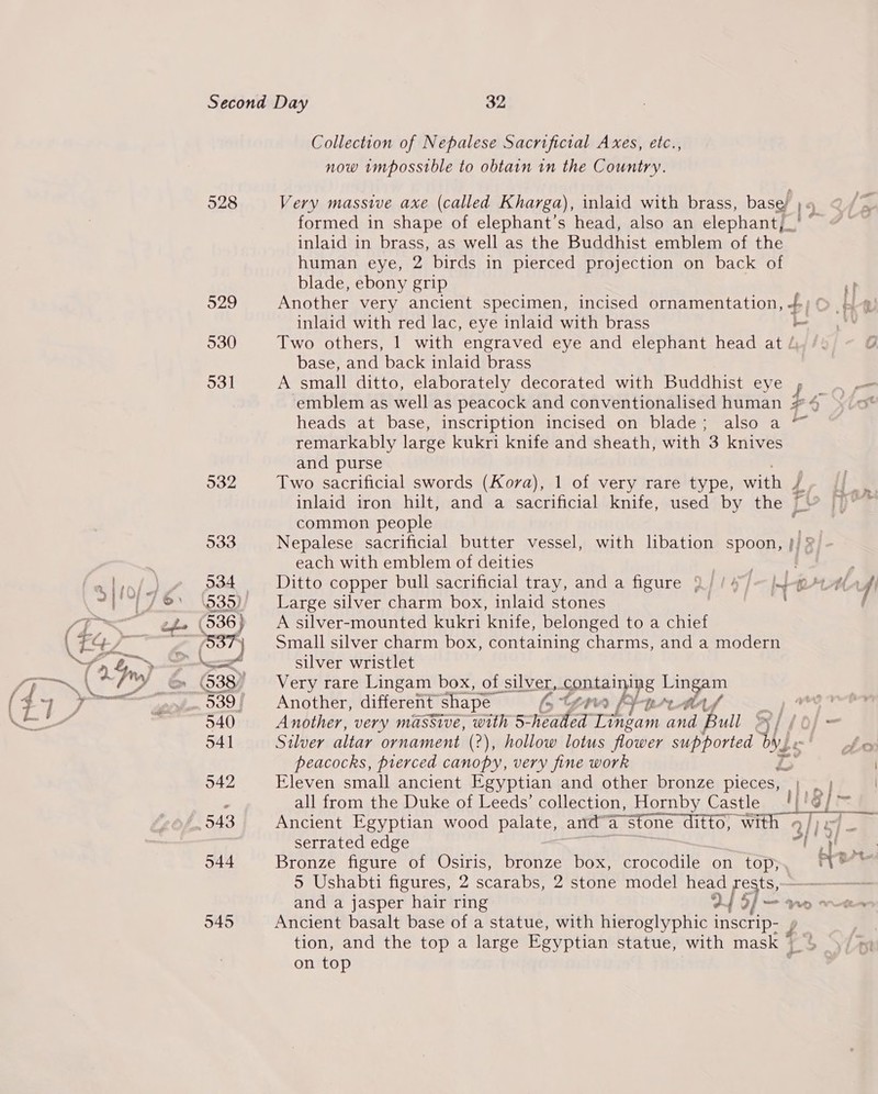 928 Collection of Nepalese Sacrificial Axes, etc., now tmpossible to obtain in the Country. formed in shape of elephant’s head, also an elephant,’ inlaid in brass, as well as the Buddhist emblem of the human eye, 2 birds in pierced projection on back of blade, ebony grip Another very ancient specimen, incised ornamentation, +; inlaid with red lac, eye inlaid with brass on Two others, 1 with engraved eye and elephant head at / base, and back inlaid brass emblem as well as peacock and conventionalised human heads at base, inscription incised on blade; also a remarkably large kukri knife and sheath, with 3 knives and purse Two sacrificial swords (Kora), 1 of very rare type, with J i common people Nepalese sacrificial butter vessel, with libation spoon, | each with emblem of deities . Ditto copper bull sacrificial tray, and a figure ‘ Large silver charm box, inlaid stones A silver-mounted kukri knife, belonged to a chief Small silver charm box, containing charms, and a modern silver wristlet Very rare Lingam box, of silver, ppniaiye Lingam aaa Beato Another, different shape fa typ fraraty Silver altar ornament (2), hollow lotus flower supported dye peacocks, pierced canopy, very fine work re Eleven small ancient Egyptian and other bronze pieces, Ancient Egyptian wood Fa and as fone ditto, “with 4) serrated edge 2! Bronze figure of Osiris, bronze box, eroeocile on top, Ancient basalt base of a statue, with hieroglyphic inscrip- » tion, and the top a large Egyptian statue, with mask * on top *t ..