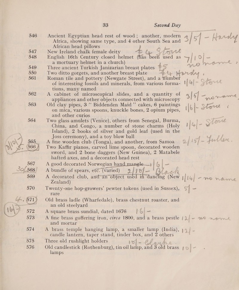 Africa, showing same type, and 4 other South Sea and African head pillows } ay New Ireland chalk female deity A ire English 16th Century closed helmet fas Kook used as a mortuary helmet in a church) “go Three ancient Turkish Janizarian breast plates ~ .° > x Roman tile and pottery (Newgate Street), and a ftumber of interesting fossils and minerals, from various forma- tions, many named A cabinet of microscopical slides, and a quantity of apphances and other objects connected with microscopy Old clay pipes, 3 “‘ Biddenden Maid ”’ cakes, 6 paintings on mica, various spoons, knuckle bones, 2 opium pipes, and other curios Two glass amulets (Venice), others from Senegal, Burma, China, and Congo, a number of stone charms (Holy Joss ceremony), and a toy blow ball A fine wooden club (Tonga), and another, from Samoa Two Kaffir pianos, carved lime spoon, decorated wooden sword, and 2 bone daggers (New Guinea), 2 Matabele hafted axes, and a decorated head rest A good decorated ee ee ar Ib A bundle of spears, et€. (varied) ] bf — | [ts A decorated club, and“an~object rene in “aan ee (New Zealand) Twenty-one hop-growers’ pewter tokens (used in Sussex), rare Old brass ladle (Wharfedale), brass chestnut roaster, and an old steelyard A square brass sundial, dated 1676 lbl= and mortar A brass temple hanging lamp, a smaller lamp (India), candle lantern, taper stand, tinder box, and 2 others Three old rushlight holders ies] { ey lamps 3 |: aS 7 . Ax f 7° ee OV heat a ow YR nA
