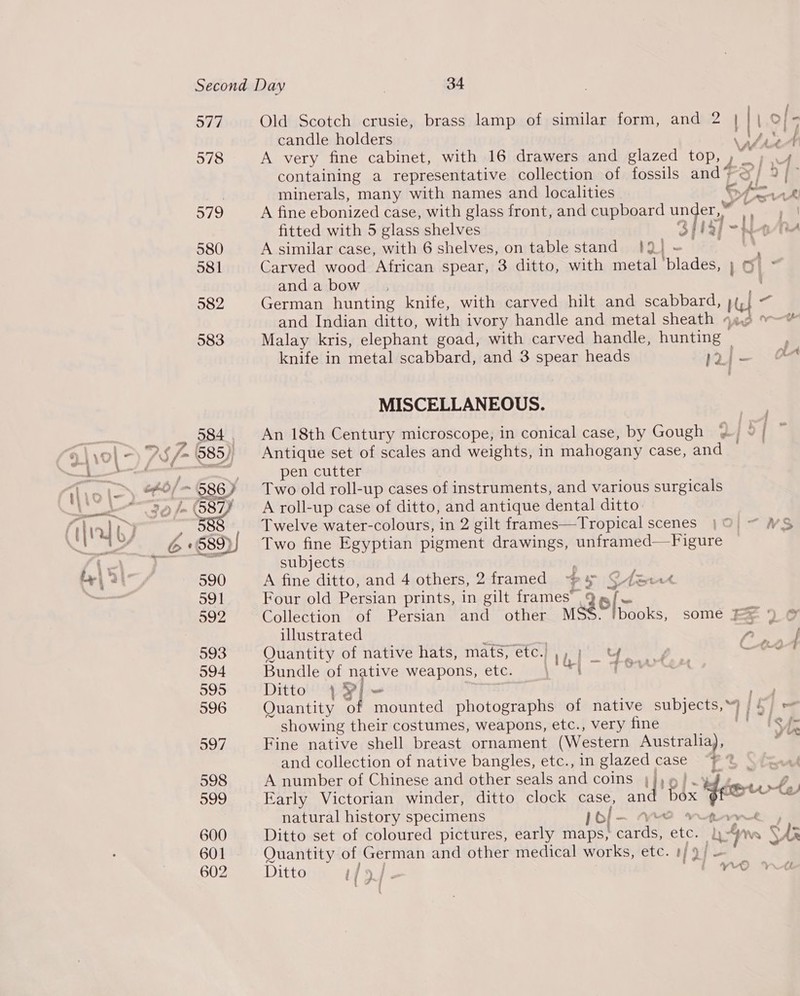 577 578 579 580 581 982 583 4 f | « r 4 Old Scotch crusie, brass lamp of similar form, and 2 | | | | candle holders ‘ Vy, ye A very fine cabinet, with 16 drawers and glazed top,» ) 4 , tes } ; ; containing a representative collection of fossils and* @/ 9/— minerals, many with names and localities OF pO A fine ebonized case, with glass front, and cupboard under,” ~) , | fitted with 5 glass shelves 31a] -N-ete A similar case, with 6 shelves, on table stand {9} ~ Carved wood African spear, 3 ditto, with metal ‘blades, LGl ° and a bow German hunting knife, with carved hilt and scabbard, oe “ and Indian ditto, with ivory handle and metal sheath 92. v=“ Malay kris, elephant goad, with carved handle, hunting — knife in metal scabbard, and 3 spear heads 1] — MISCELLANEOUS. An 18th Century microscope, in conical case, by Gough &amp;, 9 | Antique set of scales and weights, in mahogany case, and pen cutter Two old roll-up cases of instruments, and various surgicals A roll-up case of ditto, and antique dental ditto. Twelve water-colours, in 2 gilt frames—Tropical scenes | 9 ~ WS Two fine Egyptian pigment drawings, unframed—Figure subjects A fine ditto, and 4 others, 2framed sy $/eex< Four old Persian prints, in gilt frames” 9 @/— Collection of Persian and other MSs Frans. somé EX 9) 6 illustrated ae j Quantity of native hats, mats; etc.) ),) _ ty. Oe Bundle of native weapons, etc. rt MS Ditto \¥I~- 7) ae Quantity of mounted photographs of native subjects,“) | 4) showing their costumes, weapons, etc., very fine ot Re Fine native shell breast ornament (Western Australia), v7 and collection of native bangles, etc., in glazed case <a A number of Chinese and other seals and coins }j)5).y¥g ee... 2 Early Victorian winder, ditto clock case, and box det we natural history specimens pol— we vnaenvre, Ditto set of coloured pictures, early maps, cards, etc. ly Ayn ° Quantity of German and other medical works, etc. Qf = ‘
