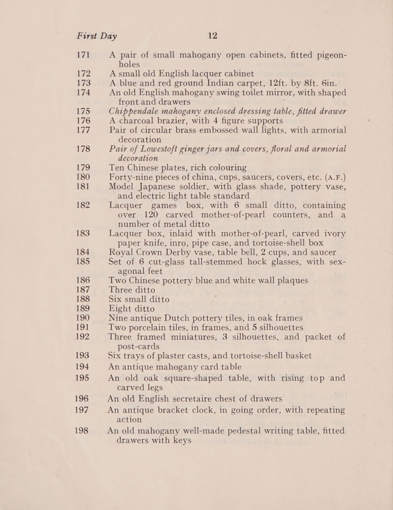 171 172 173 174 175 176 177 178 179 180 181 182 183 184 185 186 187 188 189 190 19] 192 193 194 195 196 OY, 198 A pair of small mahogany open cabinets, fitted pigeon- holes A small old English lacquer cabinet A blue and red ground Indian carpet, 12ft. by 8ft. 6in. An old English mahogany swing toilet mirror, with shaped front and drawers Chippendale mahogany enclosed dressing table, fitted drawer A charcoal brazier, with 4 figure supports Pair of circular brass embossed wall lights, with armorial decoration Pawr of Lowestoft ginger jars and covers, floral and armorial decoration | Ten Chinese plates, rich colouring Forty-nine pieces of china, cups, saucers, covers, etc. (A.F.) Model Japanese soldier, with glass shade, pottery vase, and electric light table standard Lacquer games box, with 6 small ditto, containing over 120 carved mother-of-pearl counters, and a number of metal ditto Lacquer box, inlaid with mother-of-pearl, carved ivory paper knife, inro, pipe case, and tortoise-shell box Royal Crown Derby vase, table bell, 2 cups, and saucer Set of 6 cut-glass tall-stemmed hock glasses, with sex- agonal feet Two Chinese pottery blue and white wall plaques Three ditto Six small ditto Eight ditto Nine antique Dutch pottery tiles, in oak frames Two porcelain tiles, in frames, and 5 silhouettes Three framed miniatures, 3 silhouettes, and packet of post-cards Six trays of plaster casts, and tortoise-shell basket An antique mahogany card table An old oak square-shaped table, with rising top and carved legs An old English secretaire chest of drawers action An old mahogany well-made pedestal writing table, fitted drawers with keys