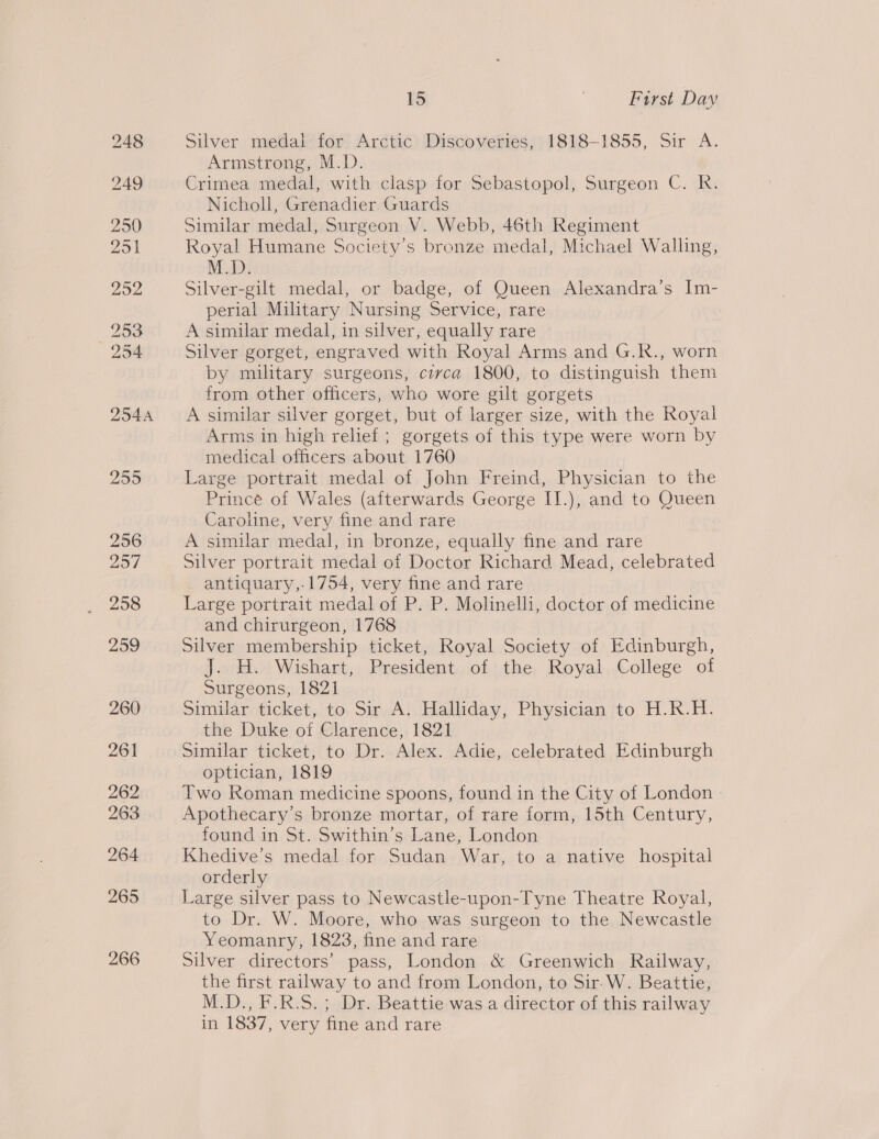 15 | First Day Silver medal for Arctic Discoveries, 1818-1855, Sir A. Armstrong, M.D. Crimea medal, with clasp for Sebastopol, Surgeon C. R. Nicholl, Grenadier. Guards Similar medal, Surgeon V. Webb, 46th Regiment Royal Humane Society's bronze medal, Michael Walling, M.D. Silver-gilt medal, or badge, of Queen Alexandra’s Im- perial Military Nursing Service, rare A similar medal, in silver, equally rare Silver gorget, engraved with Royal Arms and G.R., worn by military surgeons, circa 1800, to distinguish them from other officers, who wore gilt gorgets A similar silver gorget, but of larger size, with the Royal Arms in high relief ; gorgets of this type were worn by medical officers about 1760 Large portrait medal of John Freind, Physician to the Princé of Wales (afterwards George II.), and to Queen Caroline, very fine and rare A similar medal, in bronze, equally fine and rare Silver portrait medal of Doctor Richard Mead, celebrated antiquary,-1754, very fine and rare Large portrait medal of P. P. Molinelli, doctor of medicine and chirurgeon, 1768 Silver membership ticket, Royal Society of Edinburgh, J. H. Wishart, President of the Royal College of Surgeons, 1821 Similar ticket, to Sir A. Halliday, Physician to H.R.H. the Duke of Clarence, 1821 Similar ticket, to Dr. Alex. Adie, celebrated Edinburgh optician, 1819 Two Roman medicine spoons, found in the City of London | Apothecary’s bronze mortar, of rare form, 15th Century, found in St. Swithin’s Lane, London Khedive’s medal for Sudan War, to a native hospital orderly Large silver pass to Newcastle-upon-Tyne Theatre Royal, to Dr. W. Moore, who was surgeon to the Newcastle Yeomanry, 1823, fine and rare Silver directors’ pass, London &amp; Greenwich Railway, the first railway to and from London, to Sir. W. Beattie, M.D., F.R.S.; Dr. Beattie was a director of this railway in 1837, very fine and rare