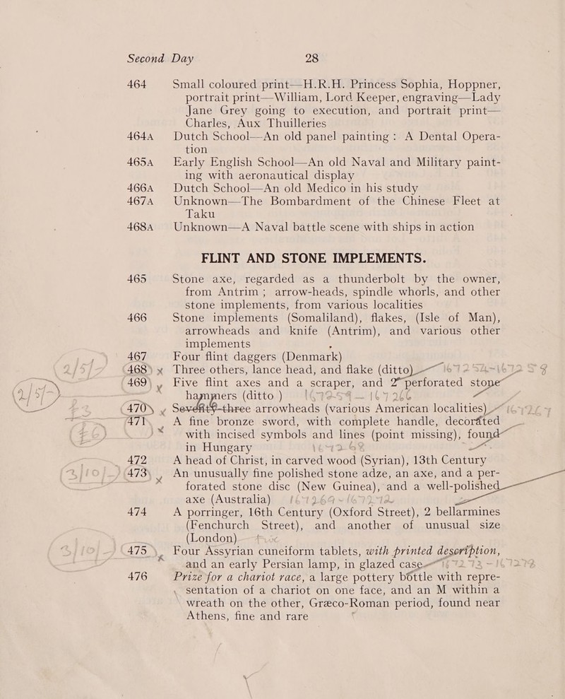 . sentation of a chariot on one face, and an M within a wreath on the other, Greco- Roman period, found near Athens, fine and rare ee 464 Small coloured print—H.R.H. Princess Sophia, Hoppner, portrait print— William, Lord Keeper, engraving—Lady Jane Grey going to execution, and portrait print— Charles, Aux Thuilleries 4644 Dutch School—An old panel painting :. A Dental Opera- tion 4654 Early English School—An old Naval and Military paint- ing with aeronautical display 466A Dutch School—An old Medico in his study 4674 Unknown—The Bombardment of the Chinese Fleet at Taku 4684 Unknown—A Naval battle scene with ships in action FLINT AND STONE IMPLEMENTS. 465 Stone axe, regarded as a thunderbolt by the owner, from Antrim ; arrow-heads, spindle whorls, and other stone implements, from various localities 466 Stone implements (Somaliland), flakes, (Isle of Man), arrowheads and knife (Antrim), and various other implements 467 Four flint daggers (Denmark) 468) x Three others, lance head, and flake (ditto) —~ <i ~\ol 469\ , Five eae. axes and a scraper, and perforated ea , ha (ditto ) IG79-54— 167266 aa 470) 43 fae Neha (various American localities) ~ 471, A fine bronze sword, with complete handle, decorated “with incised symbols and lines (point missing), EES in Hungary 472 A head of Christ, in saneda Woot (Syrian), 13th Century 473. , An unusually fine polished stone adze, an axe, and a per- aay forated stone disc pel ae) and a well-polished axe (Australia) > 474 A porringer, 16th ease (@xtond SRY 2 bellarmines (Fenchurch Street), and another of unusual size (London) | 475  Four Assyrian cuneiform tablets, with Phe, MS and an early Persian lamp, in glazed case~ |