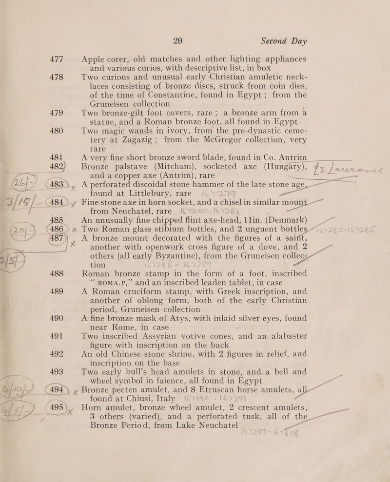 478 29 Second Day and various curios, with descriptive list, in box Two curious and unusual early Christian amuletic neck- laces consisting of bronze discs, struck from coin dies, of the time of Constantine, found in Egypt; from the Gruneisen collection | Two bronze-gilt foot covers, rare; a bronze arm from a statue, and a Roman bronze foot, all found in Egypt Two magic wands in ivory, from the pre-dynastic ceme- tery at Zagazig ; from the McGregor collection, very rare Bronze palstave (Mitcham), and a copper axe (Antrim), rare a found at Littlebury, rare | _— from Neuchatel, rare > An unusually fine chipped flint axe- yeah lin. Dune A bronze mount decorated with the figures of a saitit, another with openwork cross figure of a dove, and 2 tion a, “ROMA.P,’’ and an inscribed leaden tablet, in case A Roman cruciform stamp, with Greek inscription, and another of oblong form, both of the early Christian period, Gruneisen collection A fine bronze mask of Atys, with inlaid silver eyes, found near Rome, in case figure with inscription, on the back An old Chinese stone shrine, with 2 figures in relief, and inscription on the base Two early bull’s head amulets in stone, and a bell and wheel symbol in faience, all found in Egypt Bronze pecten amulet, and 8 Eepuscan paige amulets, al) ~ found at Chiusi, Italy 0 ~1617} “e Horn amulet, bronze wheel amulet, 9 crescent amulets, 3 others (varied), and a perforated tusk, Bronze Period, from Lake Neuchatel |