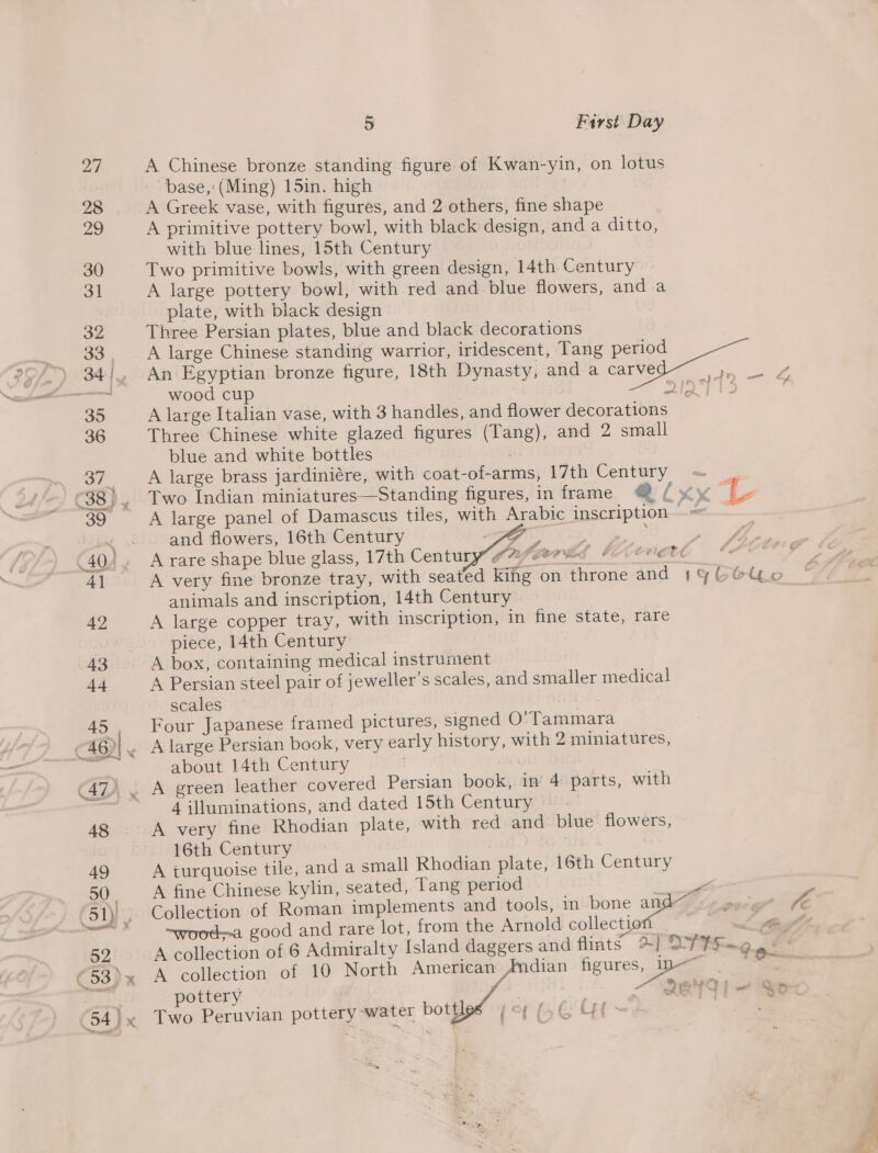  A Chinese bronze standing figure of Kwan-yin, on lotus base, (Ming) 15in. high A Greek vase, with figures, and 2 others, fine shape A primitive pottery bowl, with black design, and a ditto, with blue lines, 15th Century | Two primitive bowls, with green design, 14th Century A large pottery bowl, with red and blue flowers, and a plate, with black design Three Persian plates, blue and black decorations A large Chinese standing warrior, iridescent, lang period An Egyptian bronze figure, 18th Dynasty, and a carve wood cup A large Italian vase, with 3 handles, and flower decorations Three Chinese white glazed figures (Tang), and 2 small blue and white bottles A 2 A large brass jardiniére, with coat-of-arms, 17th Century wh Two Indian miniatures—Standing figures, in frame @ ( xy Te A large panel of Damascus tiles, with Arabic inscription | and flowers, 16th Century 2 on U  ee ae 3 eg”  ar d ' | ( Clo A very fine bronze tray, with seated kihg on throne an animals and inscription, 14th Century A large copper tray, with inscription, in fine state, rare piece, 14th Century A box, containing medical instrument A Persian steel pair of jeweller’s scales, and smaller medical scales | Four Japanese framed pictures, signed O’Tammara about 14th Century 4 illuminations, and dated 15th Century A very fine Rhodian plate, with red and: blue flowers, 16th Century , A turquoise tile, and a small Rhodian plate, 16th Century A fine Chinese kylin, seated, Tang period - Collection of Roman implements and tools, in bone and + gece fe ~wood-a good and rare lot, from the Arnold collection alll A collection of 6 Admiralty [sland daggers and flints >] 277S~¢ ane A collection of 10 North American Jndian ngures, ae a pottery j DONT) — Yon Two Peruvian pottery water bott (4 oeEude ee rl ag? 2 on