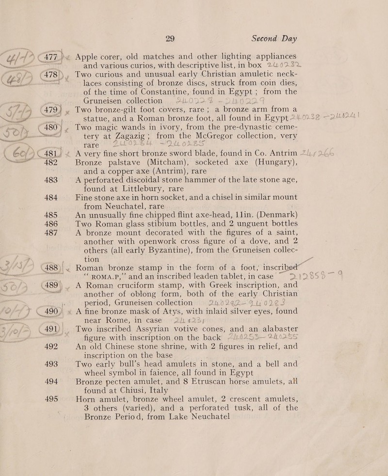 enti Sear 29 Second Day Apple corer, old matches and other lighting appliances: and various curios, with descriptive list, in box 2402.52 laces consisting of bronze discs, struck from coin dies, of the time of Constantine, found i in Feypt om the Gruneisen collection 2AlL0 Two bronze-gilt foot covers, rare; a oe arm from a statue, and a Roman bronze foot, all found in Egypt ~‘ Two magic wands in ivory, from the pre-dynastic ceme- tery at Pagazig ; from the cee collection, very rare Bronze palstave (Mitcham), socketed axe (Hungary), and a copper axe (Antrim), rare found at Littlebury, rare Fine stone. axe in horn socket, and a chisel in similar mount from Neuchatel, rare , An unusually fine chipped flint axe-head, 1 lin. (Denmark) Two Roman glass stibium bottles, and 2 unguent bottles A bronze mount decorated with the figures of a saint, another with openwork cross figure of a dove, and 2 others (all early Byzantine), from the Gruneisen collec- tion A Roman cruciform stamp, with Greek inscription, and another of oblong form, both of the ee Christian period, Gruneisen collection ThO2e2—9.1; 02e 3 A fine bronze mask of Atys, with inlaid silver eyes, found near Rome, in case 2623; Two inscribed Assyrian votive cones, and an alabaster figure with inscription on the back ~/:6253~ 24025! An old Chinese stone shrine, with 2 figures in relief, and inscription on the base Two early bull’s head amulets in stone, and a bell and wheel symbol in faience, all found in Egypt Bronze pecten amulet, and 8 Etruscan horse amulets, ail found at Chiusi, Italy Horn amulet, bronze wheel amulet, 2 crescent amulets, 3 others (varied), and a perforated tusk, all of the Bronze Period, from Lake Neuchatel
