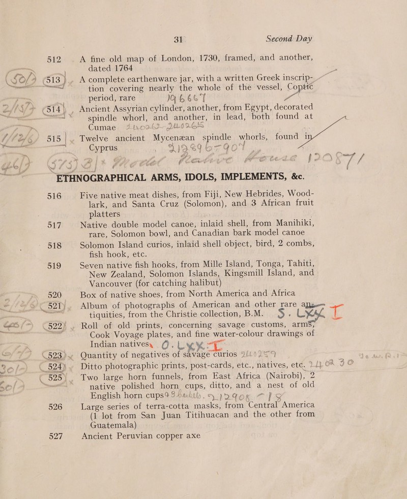 516 917 518 519 520 Me Ew oy 526 927 31 Second Day A fine old map of London, 1730, framed, and another, dated 1764 | tion covering nearly the whole of the vessel, Coptic period, rare 6667 ow spindle whorl, and another, in lead, both found at Cumae 44y.09-63 2 Ao oes Twelve ancient Mycenzan spindle whorls, Cyprus ar 12 S967 9C found i DOLS, IMPLEMENTS, &amp;c. Five native meat dishes, from Fiji, New Hebrides, Wood- lark, and Santa Cruz (Solomon), and 3 African fruit platters | : | Native double model canoe, inlaid shell, from Manihiki, rare, Solomon bowl, and Canadian bark model canoe Solomon Island curios, inlaid shell object, bird, 2 combs, fish hook, etc. Seven native fish hooks, from Mille Island, Tonga, Tahiti, New Zealand, Solomon Islands, Kingsmill Island, and Vancouver (for catching halibut) Box of native shoes, from North America and Africa tiquities, from the Christie collection, B.M. Ss. Lx Cook Voyage plates, and fine water-colour drawings of Indian nativery QO.LY Kot Quantity of negatives of savage curios 2110299 By @ Two large horn funnels, from East Africa (Nairobi), 2 native polished horn cups, ditto, and a nest of old English horn cups?34mduh.e)oG¢oxn 7 fF Large series of terra-cotta masks, from Pe ienicd (1 lot from San Juan Titihuacan and the other from Guatemala) : Ancient Peruvian copper axe ot |