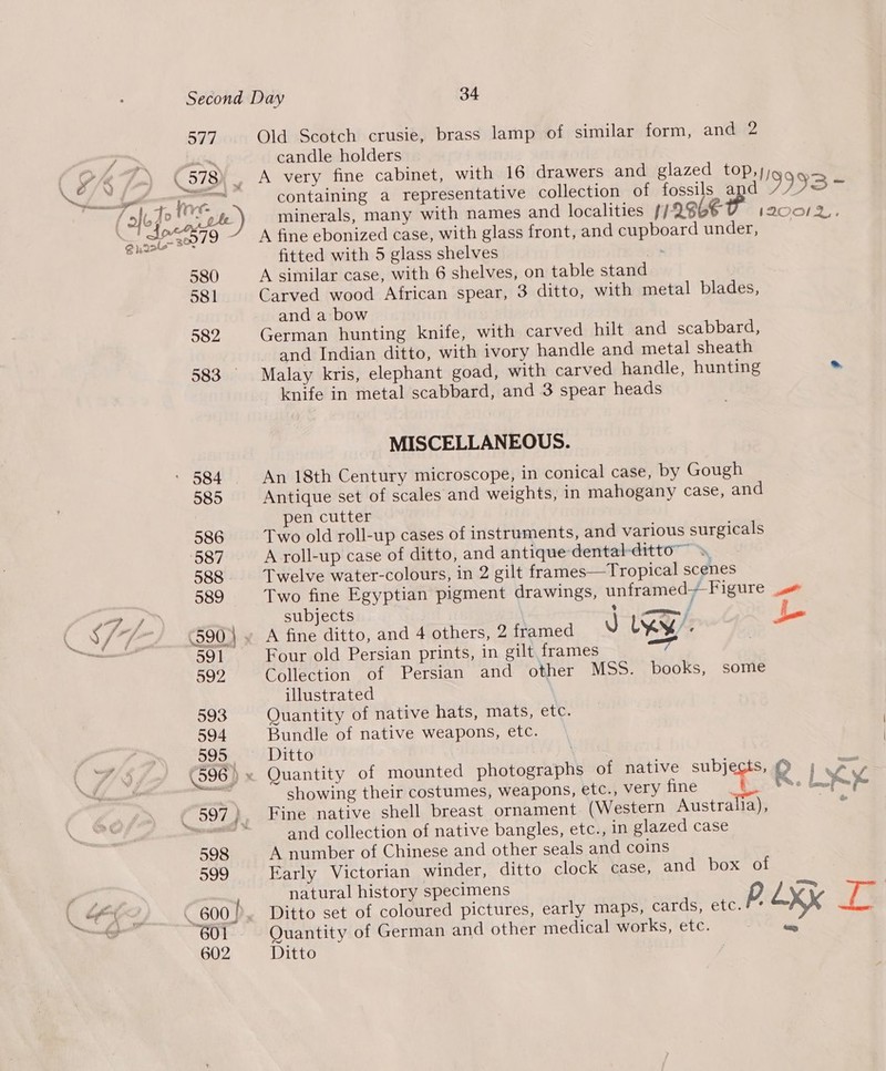 ov7 Old Scotch crusie, brass lamp of similar form, and 2 candle holders A very fine cabinet, with 16 drawers and glazed top,y, containing a representative collection of fossils and 33 ~ minerals, many with names and localities | abet I200/2,; A fine ebonized case, with glass front, and cupboard under, fitted with 5 glass shelves os A similar case, with 6 shelves, on table stand Carved wood African spear, 3 ditto, with metal blades, and a bow German hunting knife, with carved hilt and scabbard, and Indian ditto, with ivory handle and metal sheath Malay kris, elephant goad, with carved handle, hunting - knife in metal scabbard, and 3 spear heads MISCELLANEOUS. An 18th Century microscope, in conical case, by Gough Antique set of scales and weights, in mahogany case, and pen cutter Two old roll-up cases of instruments, and various surgicals A roll-up case of ditto, and antique dental-ditto™™ » Twelve water-colours, in 2 gilt frames—Tropical scenes Two fine Egyptian pigment drawings, unframed +-Figure x subjects \ oo / A fine ditto, and 4 others, 2 framed N KY’. | <— Four old Persian prints, in gilt frames th Collection of Persian and other MSs. books, some illustrated Quantity of native hats, mats, etc. Bundle of native weapons, etc. 5 ‘a af showing their costumes, weapons, etc., very fine 4 ’ ne fo oo Fine native shell breast ornament. (Western Australia), 7 and collection of native bangles, etc., in glazed case A number of Chinese and other seals and coins Early Victorian winder, ditto clock case, and box of natural history specimens p is = | Ditto set of coloured pictures, early maps, cards, etc. f° Xx a Quantity of German and other medical works, etc. ws Ditto 7 |