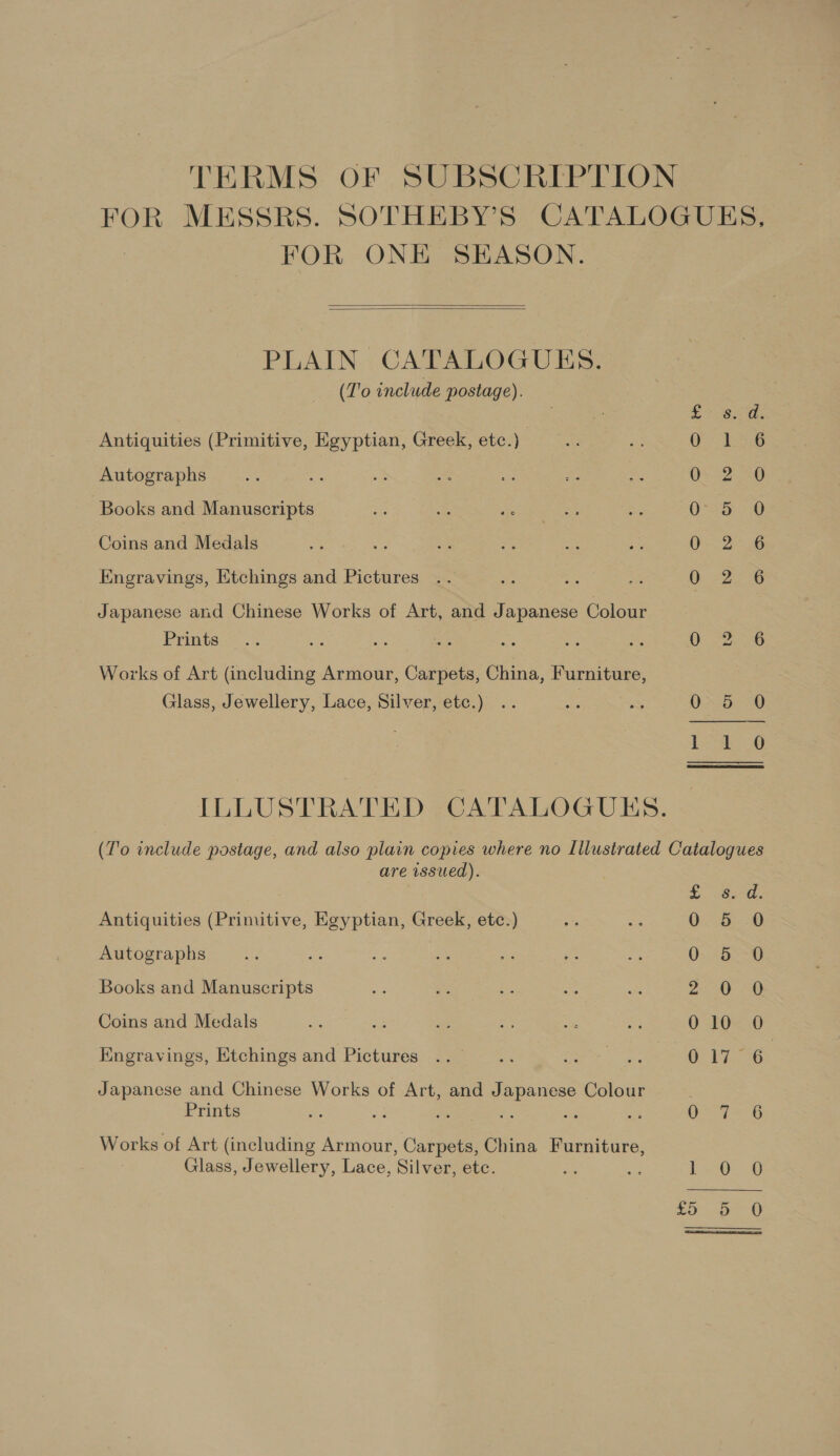 TERMS OF SUBSCRIPTION FOR MESSRS. SOTHEBY’S CATALOGUES, FOR ONE SEASON.   PLAIN CATALOGUES. (T'o include postage). | £8 ide. Antiquities (Primitive, Egyptian, Greek, etc.) O° TNS6 Autographs 0. 2 0 Books and Manuscripts Osa 8 Coins and Medals 0-226 Engravings, Etchings and Pictures 0. 2e6 Japanese and Chinese Works of Art, and Japanese Colour Prints. -; a es ae Ke rs ie 0.22. 6 Works of Art (including Armour, Carpets, China, Furniture, Glass, Jewellery, Lace, Silver, etc.) .. Ces os 0-5 O 7 Loe « ILLUSTRATED CATALOGUES. (T'o include postage, and also plain copies where no Illustrated Catalogues are wsued). epg Sah eae ear eating ae | Antiquities (Primitive, Egyptian, Greek, etc.) 0 5 Autographs 0 5 Books and Manuscripts sien | Coins and Medals 0 10 Kngravings, Etchings and Pictures Ue fia Japanese and Chinese Works of Art, and Japanese Colour | Prints es iA oe om ai “a AD kG press: of Art (including Armour, Carpets, China Furniture, Glass, Jewellery, Lace, Silver, CLC. a ~ | oss ee 6,