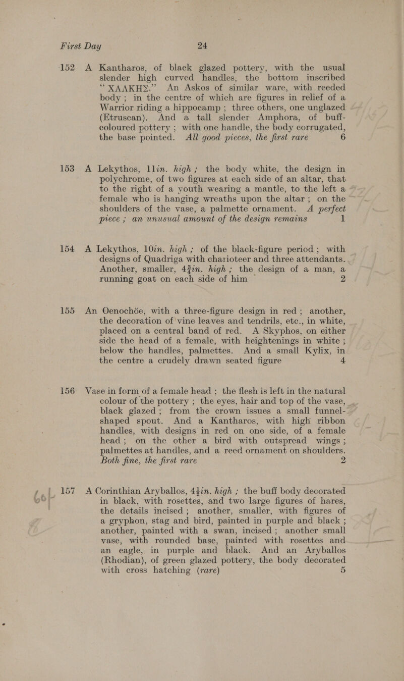 153 154 155 156 slender high curved handles, the bottom inscribed “XAAKH®&gt;.” An Askos of similar ware, with reeded body ; in the centre of which are figures in relief of a Warrior riding a hippocamp ; three others, one unglazed (Etruscan). And a tall slender Amphora, of buff- coloured pottery ; with one handle, the body corrugated, the base pointed. All good pieces, the first rare A Lekythos, llin. high; the body white, the design in polychrome, of two figures at each side of an altar, that female who is hanging wreaths upon the altar; on the shoulders of the vase, a palmette ornament. &lt;A perfect piece ; an unusual amount of the design remains designs of Quadriga with charioteer and three attendants. Another, smaller, 43in. high ; the design of a man, a running goat on each side of him © 2 An Oenochée, with a three-figure design in red ; another, the decoration of'vine leaves and tendrils, etc., in white, placed on a central band of red. A Skyphos, on either side the head of a female, with heightenings in white ; below the handles, palmettes. And a small Kylix, in the centre a crudely drawn seated figure + Vase in form of a female head ; the flesh is left in the natural colour of the pottery ; the eyes, hair and top of the vase, _ black glazed; from the crown issues a small funnel- shaped spout. And a Kantharos, with high ribbon handles, with designs in red on one side, of a female head; on the other a bird with outspread wings ; palmettes at handles, and a reed ornament on shoulders. Both fine, the first rare 2 A Corinthian Aryballos, 447n. high ; the buff body decorated in black, with rosettes, and two large figures of hares, the details incised ; another, smaller, with figures of a gryphon, stag and bird, painted in purple and black ; another, painted with a swan, incised; another small vase, with rounded base, painted with rosettes and an eagle, in purple and black. And an Aryballos (Rhodian), of green glazed pottery, the body ai, en with cross hatching (rare)
