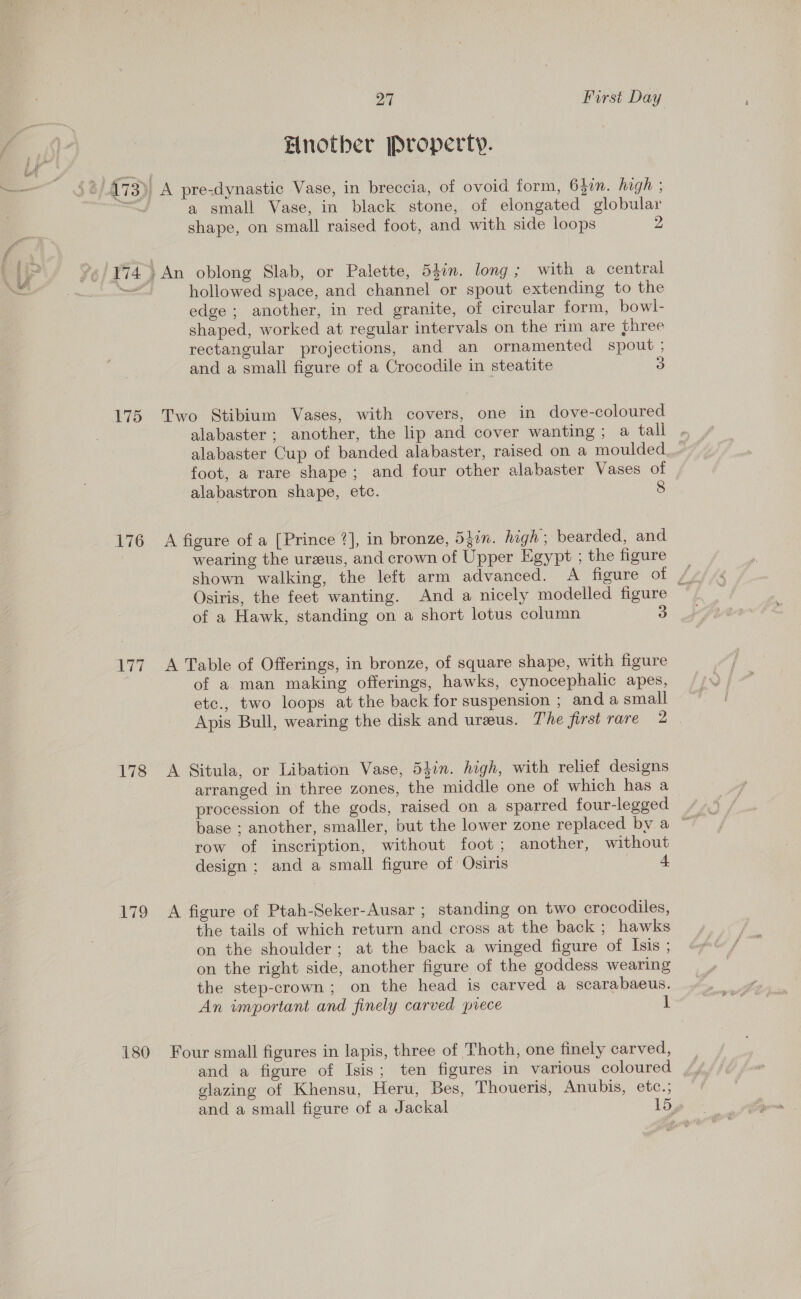 6 / YA 175 176 AT? 178 179 180 27 First Day Hnotber Property. A pre-dynastic Vase, in breccia, of ovoid form, 630m. high ; a small Vase, in black stone, of elongated globular shape, on small raised foot, and with side loops 2 hollowed space, and channel or spout extending to the edge; another, in red granite, of circular form, bowl- shaped, worked at regular intervals on the rim are three rectangular projections, and an ornamented spout ; and a small figure of a Crocodile in steatite 5 Two Stibium Vases, with covers, one in dove-coloured alabaster ; another, the lip and cover wanting; a tall foot, a rare shape; and four other alabaster Vases of alabastron shape, etc. 8 A figure of a [Prince 2], in bronze, 5fin. high ; bearded, and wearing the ureeus, and crown of Upper Egypt ; the figure Osiris, the feet wanting. And a nicely modelled figure of a Hawk, standing on a short lotus column 3 A Table of Offerings, in bronze, of square shape, with figure of a man making offerings, hawks, cynocephalic apes, etc., two loops at the back for suspension ; and a small Apis Bull, wearing the disk and ureus. The first rare aoe, A Situla, or Libation Vase, 54in. high, with relief designs arranged in three zones, the middle one of which has a procession of the gods, raised on a sparred four-legged row of inscription, without foot ; another, without design; and a small figure of Osiris | A figure of Ptah-Seker-Ausar ; standing on two crocodiles, the tails of which return and cross at the back; hawks on the shoulder; at the back a winged figure of Isis ; on the right side, another figure of the goddess wearing the step-crown; on the head is carved a scarabaeus. An important and finely carved piece 1 Four small figures in lapis, three of Thoth, one finely carved, glazing of Khensu, Heru, Bes, Thoueris, Anubis, etc.;