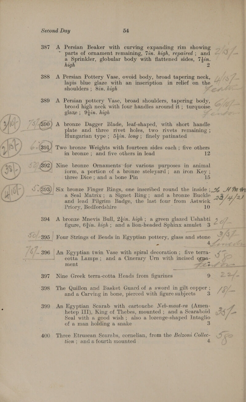 387 &lt;A Persian Beaker with curving expanding rim showing “ parts of ornament remaining, 7in. high, repaired ; and a Sprinkler, globular body with flattened sides, 74in. high 2 388 A Persian Pottery Vase, ovoid body, broad tapering neck, shoulders ; 8in. high 389. A Persian pottery Vase, broad shoulders, tapering body, | broad high neck with four handles around it ; turquoise glaze ; 94in. high Hungarian type; 54en. long; finely patinated in bronze ; and five others in lead 12 form, a portion of a bronze steleyard; an iron Key ; three Dice ; and a bone Pin 15 and lead Pilgrim Badge, the last four from Astwick Priory, Bedfordshire 10 395 Four Strings of Beads in Egyptian pottery, glass and stone es a 4. ree 397 Nine Greek terra-cotta Heads from figurines 9 and a Carving in bone, pierced with figure subjects 3 399 An Egyptian Scarab with cartouche Neb-maat-ra (Amen- hetep III), King of Thebes, mounted ; and a Scaraboid Seal with a good wish ; also a lozenge- -shaped ae of a man holding a snake 3 406 Three Etruscan Scarabs, cornelian, from the Belzoni Collec- tion ; and a fourth mounted 4.