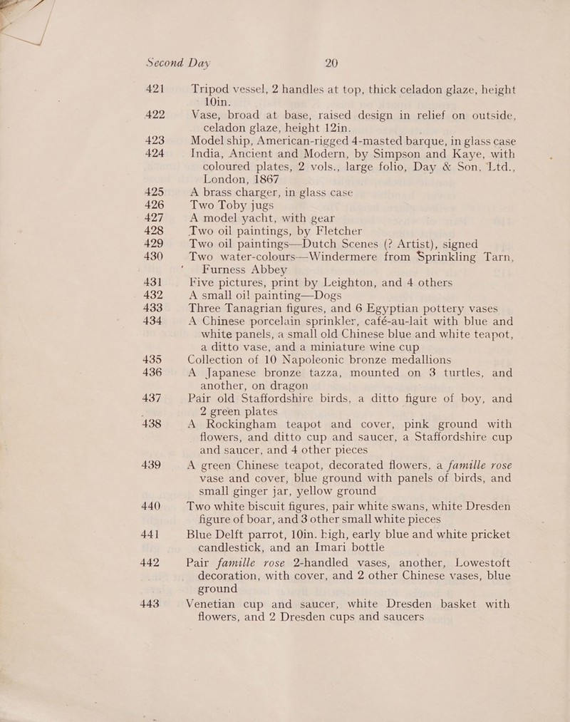 421 422 423 424 425 426 427 428 429 430 431 432 433 434 435 436 437 438 439 440) 44] 442 Tripod vessel, 2 handles at top, thick celadon glaze, height 10in. Vase, broad at base, raised design in relief on outside, celadon glaze, height 12in. Model ship, American-rigged 4-masted barque, in glass case India, Ancient and Modern, by Simpson and Kaye, with coloured plates, 2 vols., large folio, Day &amp; Son, Ltd., London, 1867 A brass charger, in glass case Two Toby jugs A model yacht, with gear Two oil paintings—Dutch Scenes (? Artist), signed Two water-colours—Windermere from Sprinkling Tarn Furness Abbey Five pictures, print by Leighton, and 4 others A small oi! painting—Dogs Three Tanagrian figures, and 6 Egyptian pottery vases A Chinese porcelain sprinkler, café-au-lait with blue and white panels, a small old Chinese blue and white teapot, a ditto vase, and a miniature wine cup Collection of 10 Napoleonic bronze medallions A Japanese bronze tazza, mounted on 3 turtles, and another, on dragon Pair old Staffordshire birds, a ditto Hae of boy, and 2 green plates A Rockingham teapot and cover, pink ground with flowers, and ditto cup and saucer, a Staffordshire cup and saucer, and 4 other pieces A green Chinese teapot, decorated flowers, a famille rose vase and cover, blue ground with panels of birds, and small ginger jar, yellow ground Two white biscuit figures, pair white swans, white Dresden figure of boar, and 3 other small white pieces Blue Delft parrot, 10in. high, early blue and white pricket candlestick, and an Imari bottle Pair famille rose 2-handled vases, another, Lowestoft decoration, with cover, and 2 other Chinese vases, blue ground Venetian cup and saucer, white Dresden basket with flowers, and 2 Dresden cups and saucers