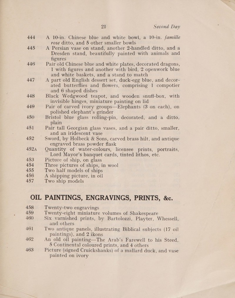 Ad 445 — 446 447 448 449 450 451 452 A524 453 454 455 456 457 2] Second Day A 10-in. Chinese blue and white bowl, a 10-in. famualle vose ditto, and 5 other smaller bowls A Persian vase on stand, another 2-handled ditto, and a Dresden stand, beautifully painted with animals and figures Pair old Chinese blue and white plates, decorated dragons, 1 with figures and another with bird, 2 openwork blue and white baskets, and a stand to match A part old English dessert set, duck-egg blue, and decor- ated butterflies and flowers, comprising 1 compotier and 6 shaped dishes Black Wedgwood teapot, and wooden snuff-box, with invisible hinges, miniature painting on hd Pair of carved ivory groups—Elephants (3 on each), on polished elephant’s grinder Bristol blue glass rolling-pin, decorated, and a ditto, plain Pair tall Georgian glass vases, and a pair ditto, smaller, and an iridescent vase engraved brass powder flask Quantity of water-colours, licensee prints, portraits, Lord Mayor’s banquet cards, tinted lithos, etc. Picture of ship, on glass Three pictures of ships, in wool Two half models of ships A shipping picture, in oil Two ship models 458 459 460 461 462 463 Twenty-two engravings Twenty-eight miniature volumes of Shakespeare Six varnished prints, by Bartolozzi, Playter, Whessell, and others Two antique panels, illustrating Biblical subjects (17 oil paintings), and 2 ikons An old oil painting—The Arab’s Farewell to his Steed, 5 Continental coloured prints, and 4 others Picture (signed Cruickshanks) of a mallard duck, and vase painted on ivory