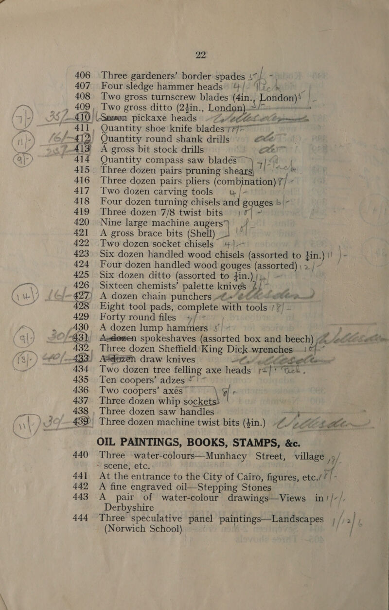 Three gardeners’ border spades 4~ &lt;[ - Four sledge hammer heads) 4/. {y- % “i Two gross turnscrew blades (4in. a Two gross ditto (2$in., London)..-!2 + Quantity shoe knife blades rea 2 Quantity round shank drills Cin A gross bit stock drills | cia Quantity compass saw blades ~ 3) diy Three dozen pairs pruning cidall DOR a Three dozen pairs pliers (combination) Ve Two dozen carving tools «4 /- Four dozen turning chisels and gquges b|- Three dozen 7/8 twist bits =) 7 ~ Nine large machine. augers} J A gross brace bits (Shell) 3 | Two dozen socket chisels 4.) — Six dozen handled wood chisels (assorted to Hin.) |! Four dozen handled wood Sphie (assorted) ; &gt;} ~ Six dozen ditto (assorted to din.) },,) Sixteen chemists’ palette knives L I By ; A dozen chain punchers C4/@©40 0 G@@ Qin? udBighit tool pads, complete with tools /¥ Forty round files +/ = A dozen lump hammers - Adewxen spokeshaves (assorted box and beech) % + / Two dozen tree felling axe heads 12 of Tek. Ten coopers’ adzes “' ~ Two coopers’ axes Three dozen whip bie Three dozen saw handles | &gt; OIL PAINTINGS, BOOKS, STAMPS, &amp;c. Three water-colours—Munhacy Street, village SCELG CEC: of At the entrance to the City of Cairo, figures, etc.// A fine engraved oil—Stepping Stones A pair of water-colour _drawings—Views in! /- /, Derbyshire 13/ (Norwich School)