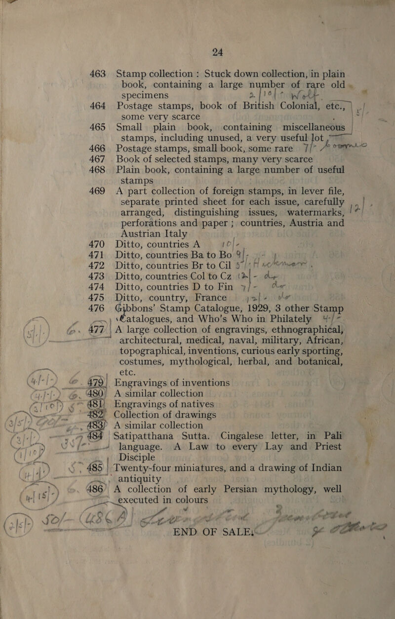 463 Stamp collection : Stuck down collection, in plain book, containing a large mE: of r are old . specimens 16 [nh 464 Postage stamps, book of ene Galena etc., | ay some very scarce ~ 465 Small plain book, containing miscellaneous / stamps, including unused, a very useful es Py 466 Postage stamps, small book, some rare 7| i doo 467 Book of selected stamps, many very scarce 468 Plain book, containing a large number of useful stamps 469 A part collection of foreign stamps, in lever file, separate printed sheet for each issue, carefully | . arranged, distinguishing issues, watermarks, [4] perforations and paper ; countries, Austria and Austrian Italy | 470 Ditto, countries A }Ofe- 471 Ditto, countries Ba to Bo 9/- - } 472 Ditto, countries Br to Cil §°/77 «se . 473. Ditto, countries Col to Cz (®{- a+ 474 Ditto, countries Dto Fin y7/- %« 475 Ditto, country, France j;2/- o@ 476 Gibbons’ Stamp Catalogue, 1929, 3 other ae _..; ‘€atalogues, and Who’s Who in Philately “ss 477) | | A large collection of engravings, ethnographical, ~~~ architectural, medical, naval, military, African, topographical, inventions, curious early sporting, costumes, mythological, herbal, and botanical, LG: 479 Engravings of inventions 480 A similar collection Engravings of natives 482° Collection of drawings ~483) A similar collection 78 Satipatthana Sutta. Cingalese letter, in Pali _# language. A Law to every Lay and Priest nn Disciple ” 485 | | Twenty-four miniatures, and a drawing a Indian —~, antiquity 486) A collection of early Persian mythology, well __&lt;~executed in colours il ~\ A} ¥ f ail ; a wy? (LKo ey A ee ae 1 ame eet a ee