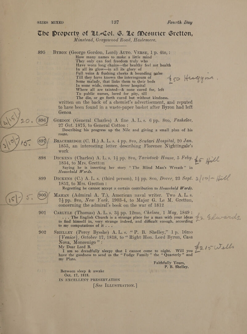 The Property of Zt.-Col. G. Le Mesurier Gretton, Minstead, Grayswood Road, Haslemere. 895 Byron (George Gordon, Lord) Auto. VERsz, 1 p. 4to, : How many names to make a little mind They only can feel freedom truly who Have worn long chains—the healthy feel not health In all its glow—in all its glory of Full veins &amp; flushing cheeks &amp; bounding pulse Till they have known the interregnum of 4 cD tated OF in Some malady, that links them to their beds ee : In some wide, common, fever hospital Where all are tainted—&amp; none cared for, left To public nurses, lured for pity, till The die, or go forth cured but without kindness. written on the back of a chemist’s advertisement, and reputed to have been found in a waste-paper basket after Byron had left ms \.) , Genoa Gorpon (General Charles) A fine A. L.s. 6 pp. 8vo, Fashelee, 27 Oct. 1875, to General Cotton : Describing his progress up the Nile and giving a small plan of his route. | BRACEBRIDGE (C. H.) A. Li. s. 4 pp. 8vo, Scutari Hospital, 20 Jan. | 1855, an interesting letter describing Florence Nightingale’s work 898 Dickens (Charles) A. L.s. 1$ pp. 8vo, Tavistock House, 5 Feby. de 1854, to Mrs. Gretton ai Saying he is inserting her story “The Blind Man’s Wreath” in Household Words. 899 Dickens (C.) A. L.s. (third person), 14 pp. 8vo, Dover, 23 Sept. 9/1« 1852, to Mrs. Gretton : Regretting he cannot accept a certain contribution to Household Words. (s e \ “L (900)/ Manan (Admiral A. T.), American naval writer. Two A. L.s. |) &lt;  ? 74 pp. 8vo, New York, 1903-4, to Major G. Le M. Gretton, —_ . concerning the admiral’s book on the war of 1812 901 CartyLe (Thomas) A. L.s. 34 pp. 12mo, Chelsea, 1 May, 1849: . The English Church is a strange place for a man with your ideas “&gt; » to find himself in, very eve indeed, and difficult enough, according ¢ to my computations of it . 902 SHELLEY (Percy Benes ve Leso Pio By Shelley,”’.1-p.:16mo [ Venice], October 17, 1818, to “ Right Hon. Lord De ron, Casa Nova, Moncenigo ” : p My Det Lord B. a I am so dreadfully sleepy that I cannot come to night. Will you ju have the goodness to send us the “ Fudge Family ” the “ Quarterly” and my Plato. Faithfully Yours, B. Shelley. Between sleep &amp; awake Oct. 17, 1818. IN EXCELLENT PRESERVATION [See ILLUSTRATION. |