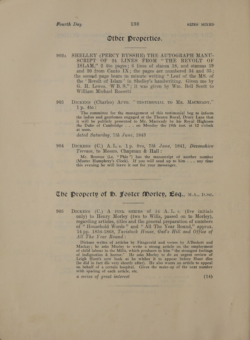 Other Properties. 9024 SHELLEY (PERCY BYSSHE) THE AUTOGRAPH MANU- SCRIPT OF 24 LINES FROM “THE REVOLT OF ISLAM,” 2 4to pages; 6 lines of stanza 18, and stanzas 19 and 20 from Canto IX; the pages aer numbered 34 and 35; the second page bears in minute writing “ Leaf of the MS. of the ‘ Revolt of Islam’ in Shelley’s handwriting. Given me by G. H. Lewes. ‘W B.8.”; it was given by Wm. Bell Scott to. William Michael Rossetti 903 Dickens (Charles) Auro. “TESTIMONIAL TO Mr. MacREapy,” 1p. 4to: The committee for the management of this testimonial beg to inform the ladies and gentlemen engaged at the Theatre Royal, Drury Lane that it will be publicly presented to Mr. Macready by his Royal Highness the Duke of Cambridge . .. on Monday the 19th inst. at 12 o’clock at noon. dated Saturday, 7th June, 1843 904 Dickens (C.) A.L.s. Lp. 8vo, 7th June, 1841, Devonshire Terrace, to Messrs. Chapman &amp; Hall: Mr. Browne (i.e. “ Phiz”) has the manuscript of another number (Master Humphrey’s Clock). If you will send up to him... any time this evening he will leave it out for your messenger.  The Property of tb. Foster Morley, Lsq., m.a., p.se. 905 Dickens (C.) A FINK SERIES of 14 A. L.s. (five initials only) to Henry Morley (two to Wills, passed on to Morley), regarding articles, titles and the general preparation of numbers of “* Household Words” and “ All The Year Round,” approx. 14 pp. 1854-1868, Tavistock House, Gad’s Hull and Office of All The Year Round : Dickens writes of articles by Fitzgerald and verses by A’Beckett and Mackay; he asks Morley to write a strong article on the employment of child labour in the Mills, which produces in him “the strongest feelings. of indignation &amp; horror.’ He asks Morley to do an urgent review of Leigh Hunt’s new book as he wishes it to appear before Hunt dies (he did in fact die very shortly after), He also wants an article to appeal on behalf of a certain hospital. Gives the make-up of the next number with spacing of each article, etc. a series of great interest (14)