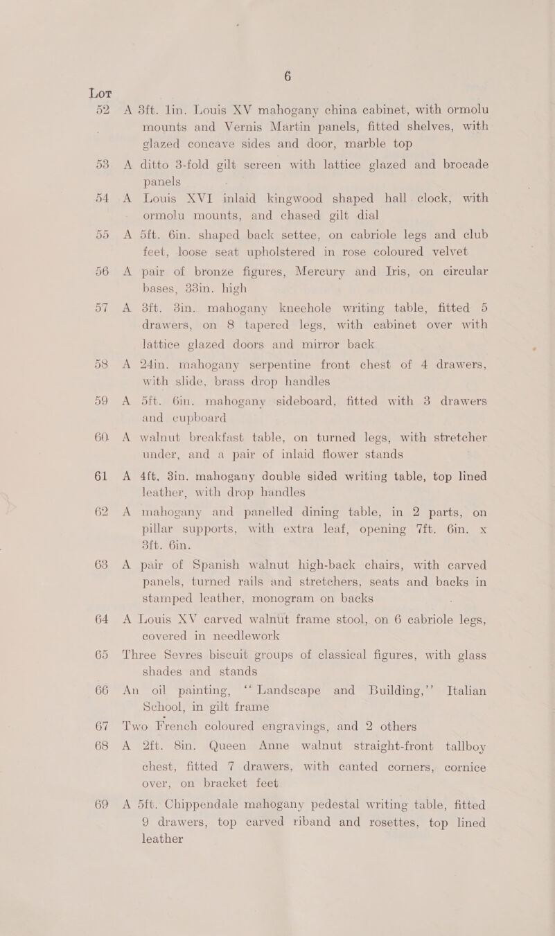 63 69 6 A 3ft. lin. Louis XV mahogany china cabinet, with ormolu mounts and Vernis Martin panels, fitted shelves, with slazed concave sides and door, marble top A ditto 3-fold gilt screen with lattice glazed and brocade panels ) A Louis XVI inlaid kingwood shaped hall. clock, with ormolu mounts, and chased gilt dial A 5dft. 6in. shaped back settee, on cabriole legs and club feet, loose seat upholstered in rose coloured velvet A pair of bronze figures, Mercury and Iris, on circular bases, 838i. high A 8ft. 3in. mahogany kneehole writing table, fitted 5 drawers, on 8 tapered legs, with cabinet over with lattice glazed doors and mirror back A 24in. mahogany serpentine front chest of 4 drawers, with slide, brass drop handles A 5ft. Gin. mahogany sideboard, fitted with 3 drawers and cupboard A walnut breakfast table, on turned legs, with stretcher under, and a pair of inlaid flower stands A 4ft, 8in. mahogany double sided writing table, top lined leather, with drop handles A mahogany and panelled dining table, in 2 parts, on pillar supports, with extra leaf, opening 7ft. 6in. x 3ft. 6in. A pair of Spanish walnut high-back chairs, with carved panels, turned rails and stretchers, seats and backs in stamped leather, monogram on backs A Louis XV carved walnut frame stool, on 6 eabriole legs, covered in needlework Three Sevres biscuit groups of classical figures, with glass shades and stands An oil painting, ‘‘ Landscape and Building,’’ Italian School, in gilt frame Two French coloured engravings, and 2 others A 2ft. 8in. Queen Anne walnut straight-front tallboy chest, fitted 7 drawers, with canted corners, cornice over, on bracket feet A dft. Chippendale mahogany pedestal writing table, fitted 9 drawers, top carved riband and rosettes, top lined leather