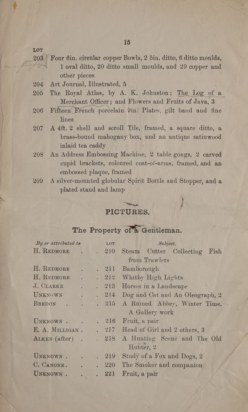 15 Four 6in. circular copper Bowls, 2 5in. ditto, 6 ditto moulds, 1 oval ditto, 20 ditto small moulds, and 29 copper and other pieces 204 Art Journal, Illustrated, 5 205 The Royal Atlas, by A. K. Johnston; The Log of a Merchant Officer; and Flowers and Fruits of Java, 3 206 Fifteen French porcelain Qin. Plates, gilt band and fine lines 207 A 4ft. 2 shell and scroll Tile, framed, a square ditto, a brass-bound mahogany box, and an antique satinwood inlaid tea caddy 208 An Address Embossing Machine, 2 table gongs, 2 carved cupid brackets, coloured coat-ol-arms, framed, and an embossed plaque, framed 209 A silver-mounted globular Spirit Bottle and Stopper, and a plated stand and lamp ~ PICTURES. The Property ofs Gentleman. By or attributed te LOT Subject. H. REDMORE . 210 Steam Cutter Collecting Fish from Trawlers H. RepMorE . 211 Bamborough H. REDMORE . 212 Whitby High Lights J. CLARKE . 213 Horses in a Landscape UnkNuwNn . 214 Dog and Cat and An Oleograph, 2 BREDON. . . « 215 A Ruined Abbey, Winter Time. A Gallery work UNKNOWN . : i ehO SE Ture gacpalr EK. A. MILuiean . . 217 Head of Girl and 2 others, 3 ALKEN (after) . .. 218 A Hunting Scene and The Old Hunter, 2 UNKNOWN . : . 219 Study of a Fox and Dogs, 2 C. CANoNE. : . 220 The Smoker and companion —