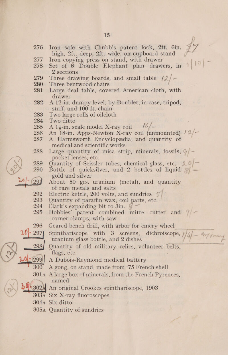  Ny Ce %  15 f 276 Iron safe with Chubb’s patent lock, 2ft. 6in. 47 high, 2f{t. deep, 2ft. wide, on cupboard stand (7 277 Iron copying press on stand, with drawer 278 Set of 6 Double Elephant plan drawers, in 2 sections 279 Three drawing boards, and small table // 280 Three bentwood chairs 281 Large deal table, covered American an ‘with drawer 282 A 12-in. dumpy level, by Doublet, in case, tripod, staff, and 100-ft. chain 283 Two large rolls of oilcloth 284 Two ditto ; 285 A 14-in. scale model X-ray coil / 6/— 287 A Harmsworth Encyclopedia, and quantity of medical and scientific works . 288 Large quantity of mica strip, minerals, fossils, / - pocket lenses, etc. Quantity of Seissler tubes, chemical glass, etc. 2°; Bottle of quicksilver, and 2 bottles of liquid \) gold and silver About 50 grs. uranium (metal), and quantity of rare metals and salts Electric kettle, 200 volts, and sundries ‘ Quantity of paraffin wax, coil parts, etc. Clark’s expanding bit to 3in. if Hobbies’ patent combined mitre cutter and corner clamps, with saw 296 Geared bench drill, with arbor for emery wheel 26}. a Spinthariscope with 3 screens, dichroiscope, uranium glass bottle, and 2 dishes | 298 Quantity of old military relics, volunteer belts, | heer: MAIS ete. o|- 299] A Dubois-Reymond medical battery 300 <A gong, on stand, made from ‘75 French shell 3014 A large box of minerals, from the French Pyrenees, named 303A Six X-ray fluoroscopes 3044 Six ditto 305A Quantity of sundries